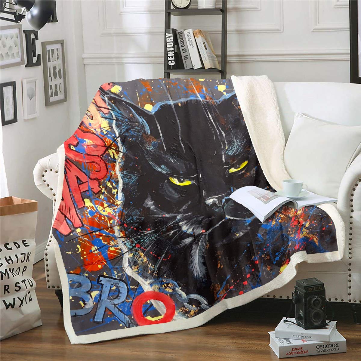 Cat Sherpa Blanket Watercolor Graffiti Animal Pattern Fleece Throw Blanket for Kids Teens 3D Animal Theme Plush Blanket Black Fuzzy Blanket for Sofa Bed Couch,Single 50x60 Inch