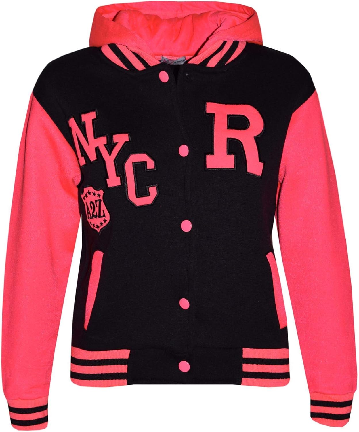 Kids Girls Boys Hooded NYC Baseball Varsity Neon Pink Tracksuit Hoodie & Bottom