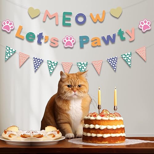 Miniatura 5 de Suministros de fiesta de cumpleaños de gatos preencordados, decoración de fiesta de gatitos de gato, cartel de Meow Lets Pawty, divertidos