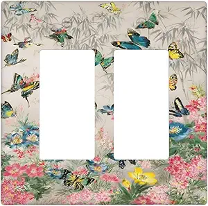 Decorative Outlet Covers Boho Wildflowers Butterfly Rustic Blue Pink Flowers 2 Gang Wall Plate Double Rocker Two Switch Wall Cover Plate Light Switch Cover Plate Faceplate for Home Decor