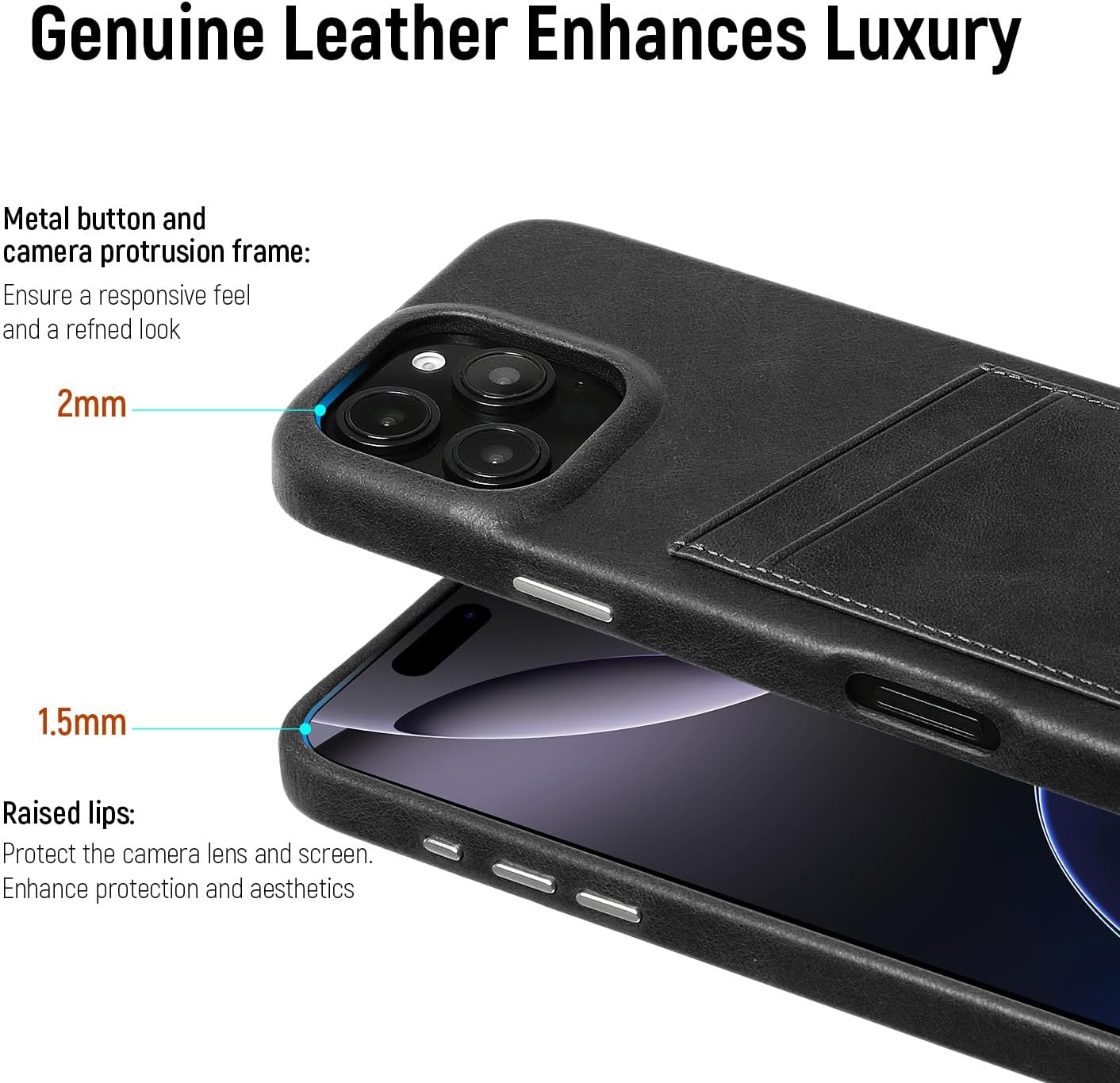 LUCKYCOIN Premium Handcrafted Full Grain Leather Wallet Phone Case for iPhone 16 Pro Max,Card Holder & Metal Buttons, Microfiber-Lined Slim Protective Cover for Everyday Use & Travel – Black Black iPhone 16 pro max
