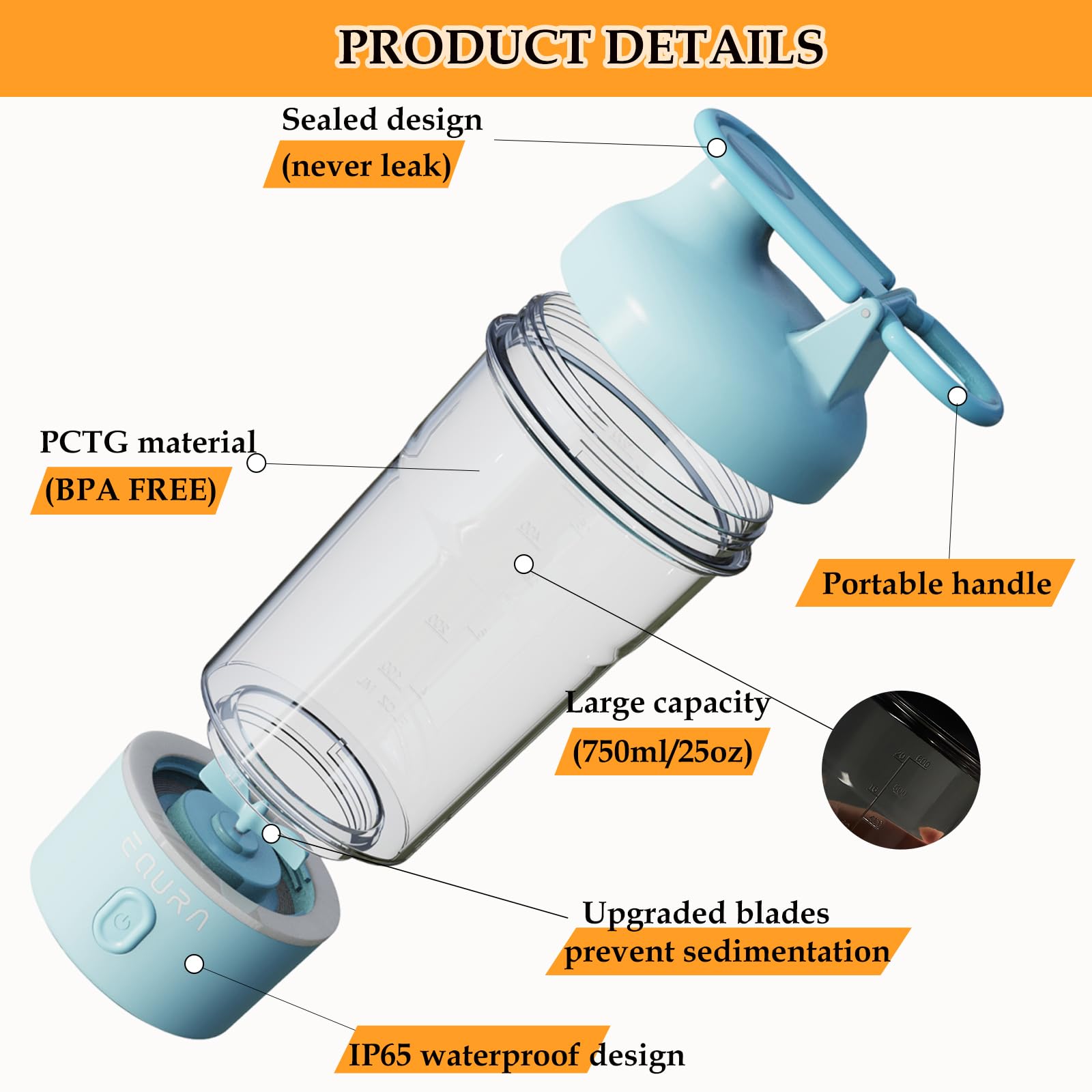 Bottiglia shaker elettrica, 750 ml, per miscele di proteine, portatile, ricaricabile tramite USB C, senza BPA, base leggera colorata (blu)