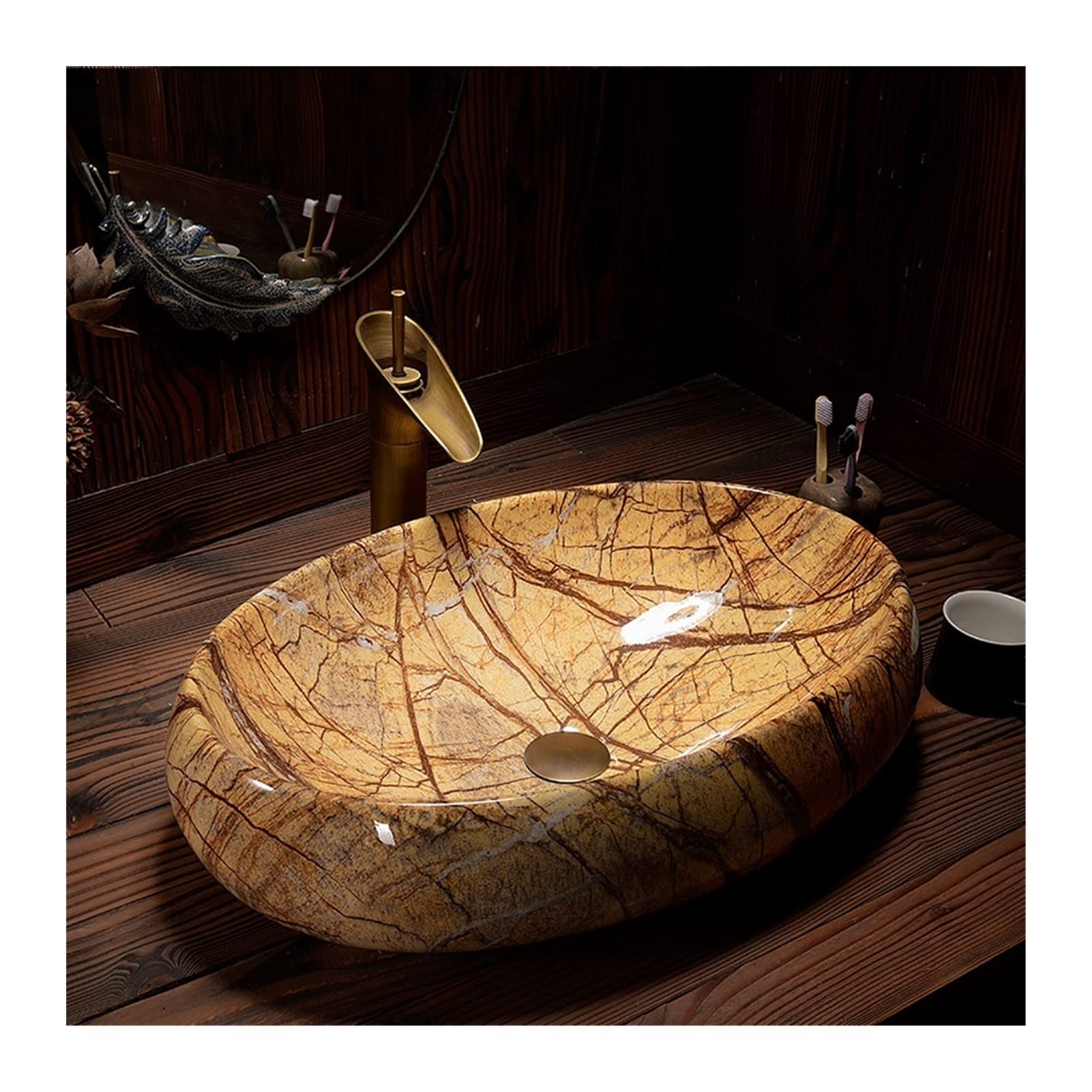 HTTGDGDH Bathroom Sink Ceramic Oval Countertop Basin Household Washbasin Marble Bathroom Washbasin Single Basin Sink Basins Bathroom Vessel Sinks,