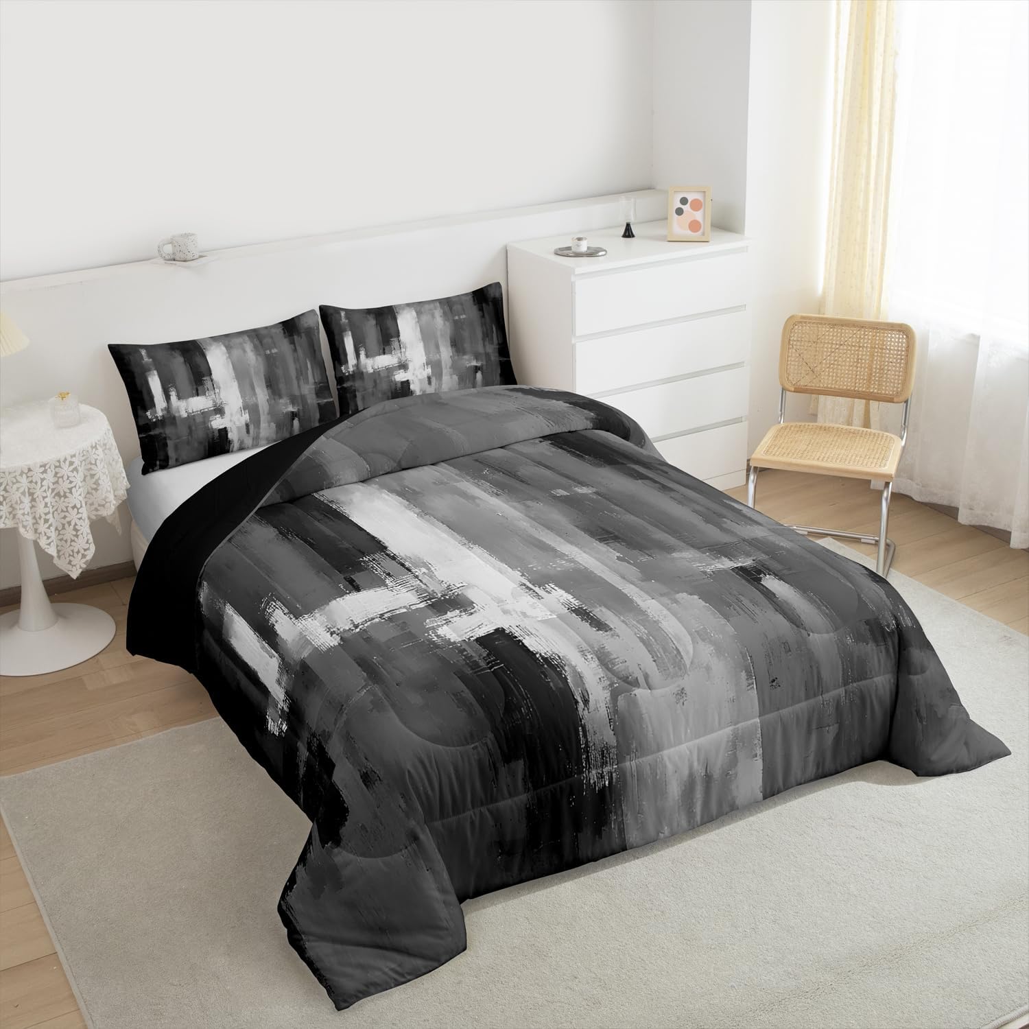 Feelyou Black Grey Kids Comforter Set Queen Size Abstract Rust Art Bedding Set Geometric Modern Chic Duvet Quilt for Kids Boys Girls Bedroom Farmhouse Decor Microfiber Ultra Soft Breathable
