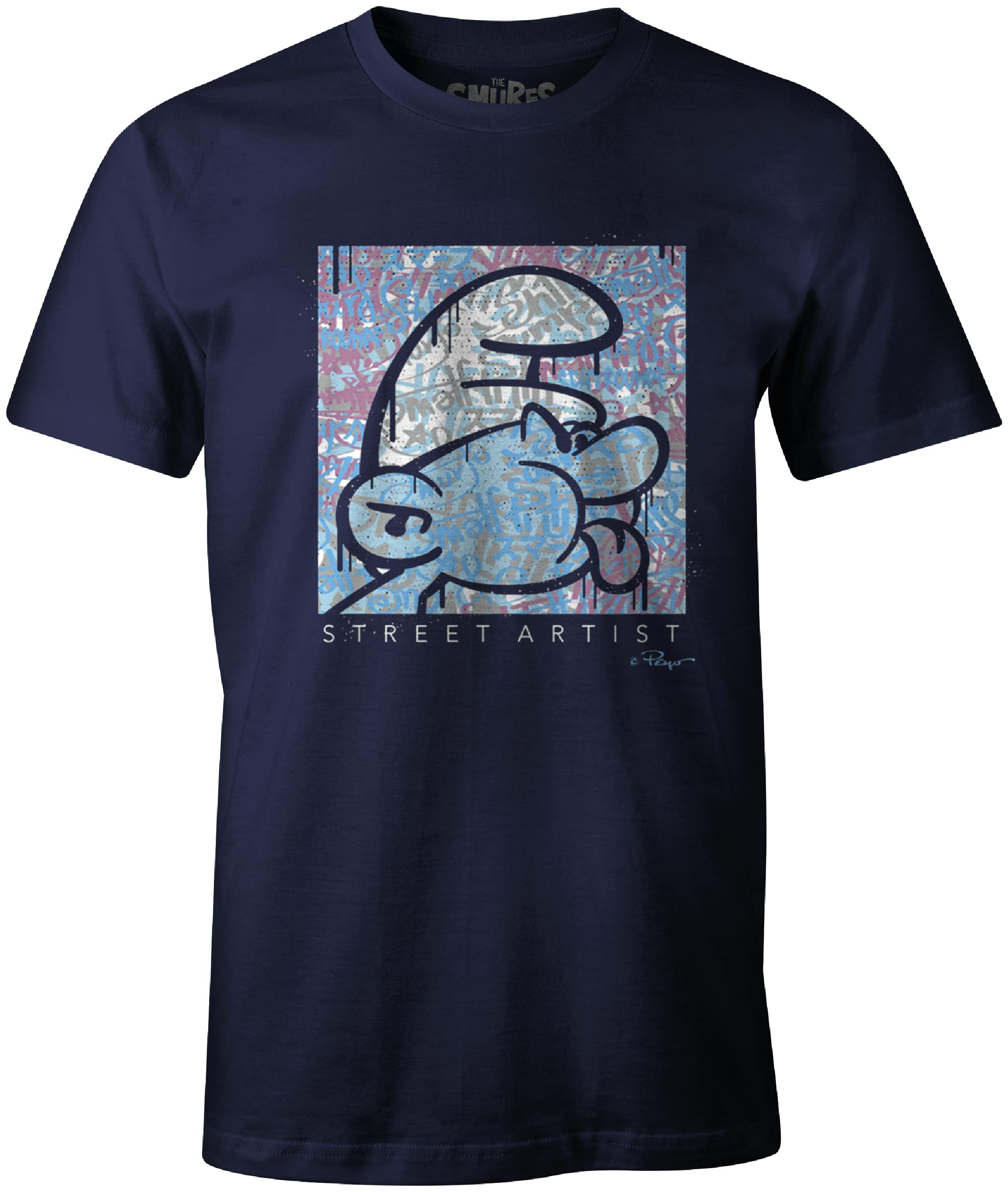 Les Schtroumpfs MESMURFTS004 T-Shirt, Navy, S, Men's, Navy Blue, S