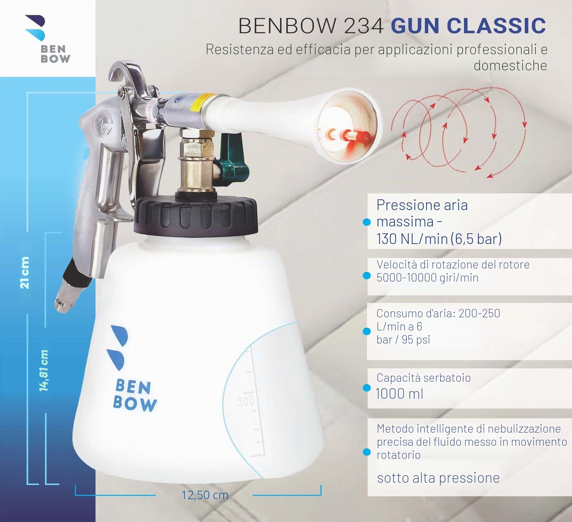 BenBow Pistola di Pulizia Classic ad Aria Compressa - Effetto vortice per rimozione efficiente dello Sporco nell'auto - con Serbatoio da 1 litro, Imbuto e Imbuto a Spazzola