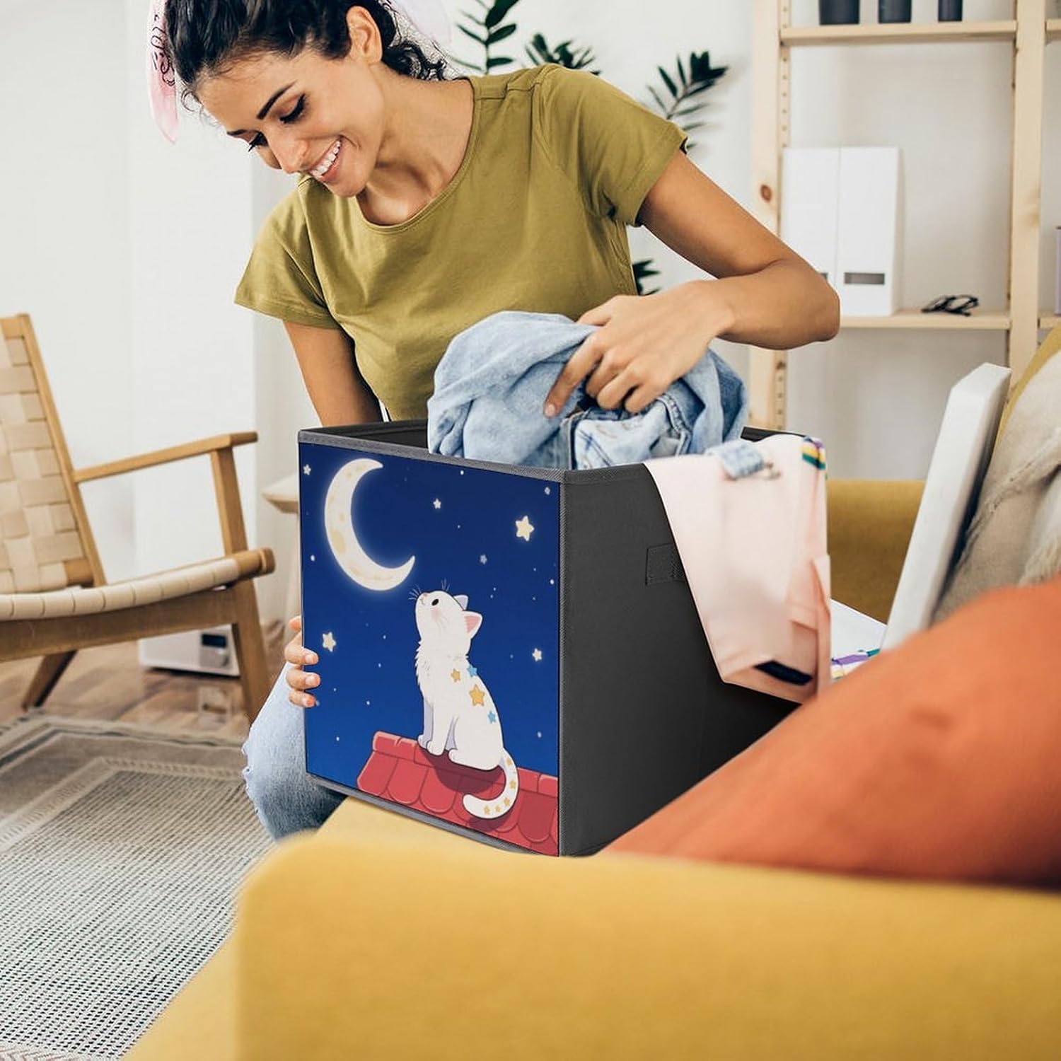 2-piece Oxford Cloth Storage Box A Kitten Looking at The Moon Printed Storage Box for Storing Clothes/shoes Multi-purpose Wardrobe And Cabinet Storage