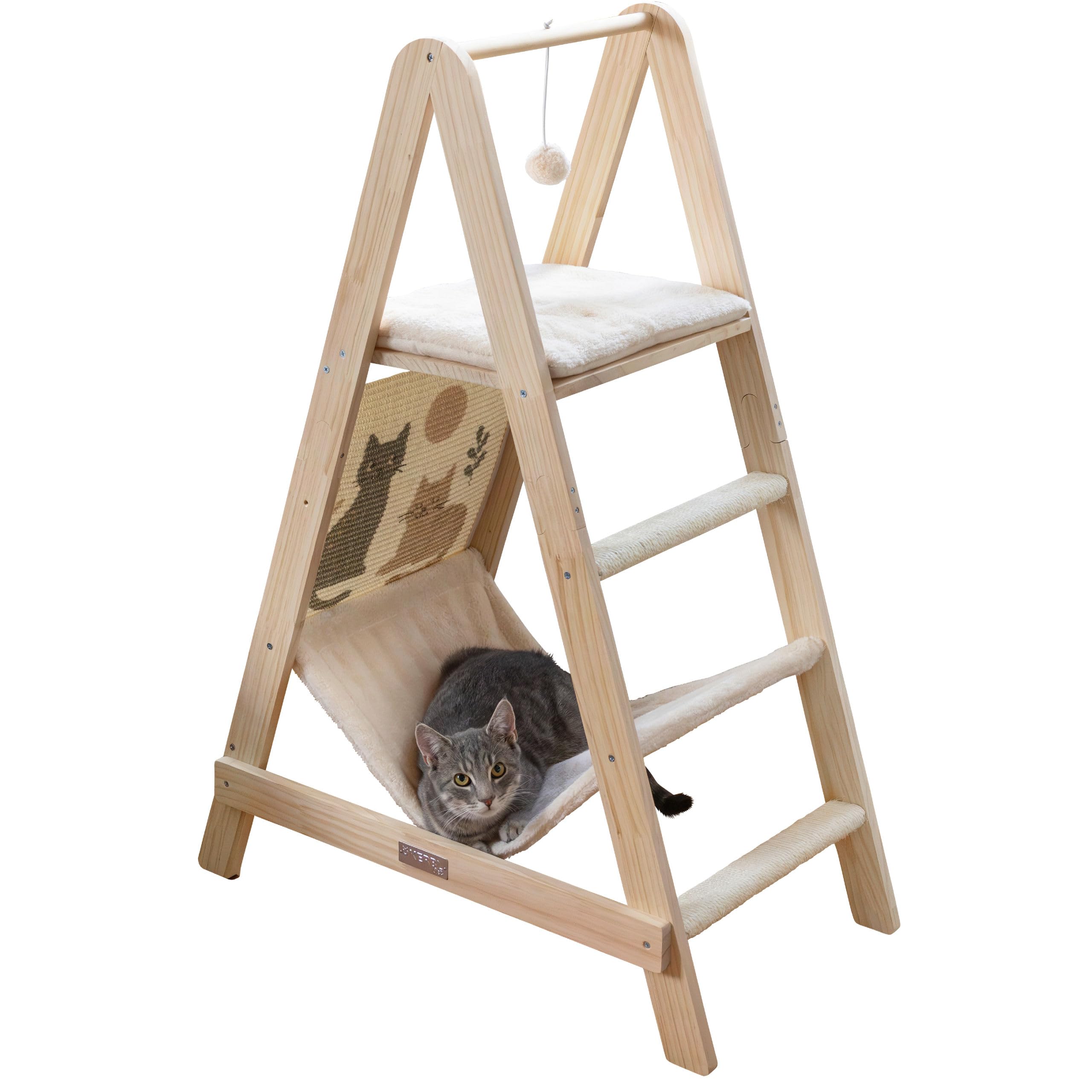 Kerbl Pet Kletterturm Ladder, Katzenkratzbaum, Massivholz, weicher Plüsch, beige, Höhe 104 cm, Zwei Liegeflächen, mit Hängematte, Sisalkratzfläche, Hängespielball, Wandbefestigung