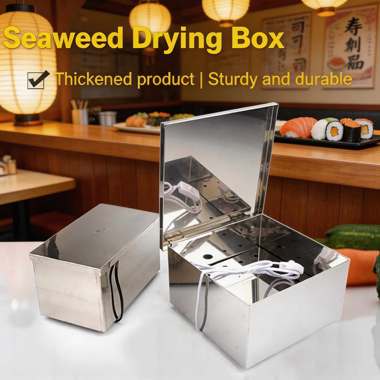 MObyat Caja Secadora De Algas Nori, De Acero Inoxidable 304 con Interruptor Manual, Temperatura Ajustable para Cocina, Cable De Alimentación Extendido, Ideal para Restaurantes De Sushi