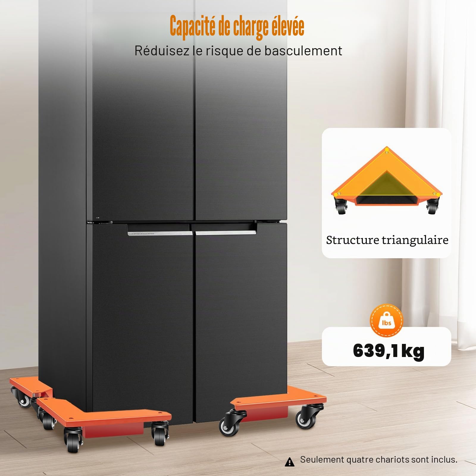 Déplace Meuble Roulette 4 Pièces Charge 639kg, Coin Lève Meuble avec roulettes Pivotantes Acier Carbone, Chariot de Transport Meuble Lourd Piano Frigo Canapé Déplacement Facile