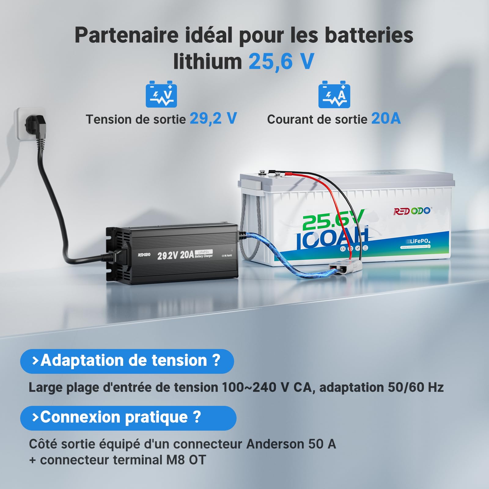 Redodo Chargeur de Batterie Lifepo4 pour Batterie Lithium Fer Phosphate, supporte la Charge Rapide (29,2V 20A)