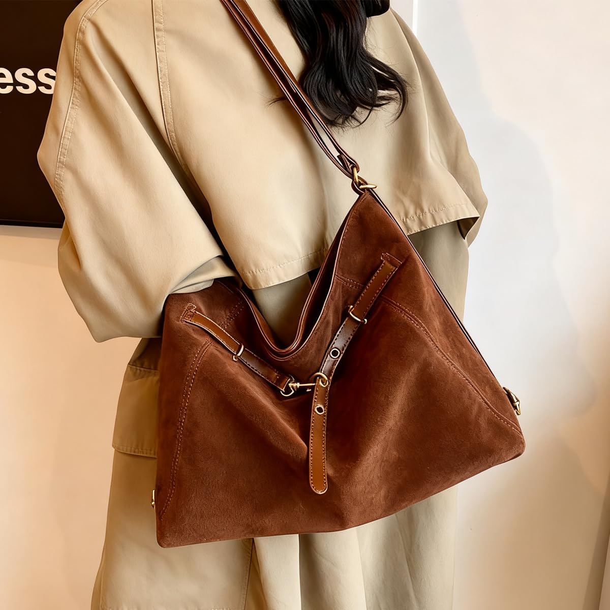 3-Way Suede Bag for Women, Convertible Tote Hobo Backpack & Crossbody Shoulder Bag, Black coffee Slouchy Purse