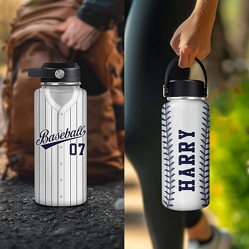 Vista 32 de Hyturtle Botella de agua de béisbol personalizada, botella de acero inoxidable aislada de viaje con tapa a prueba de fugas, 18 onzas, 32 onzas