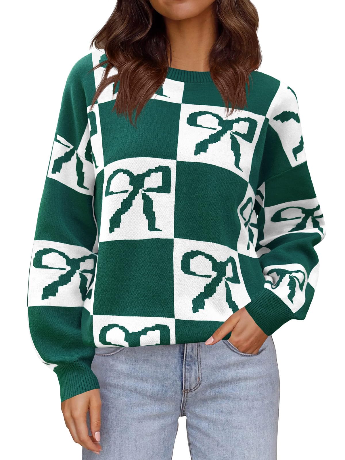 Saodimallsu Womens Color Block Bow Sweater Oversized Crewneck Long Sleeve Knit Warm Pullover Tops