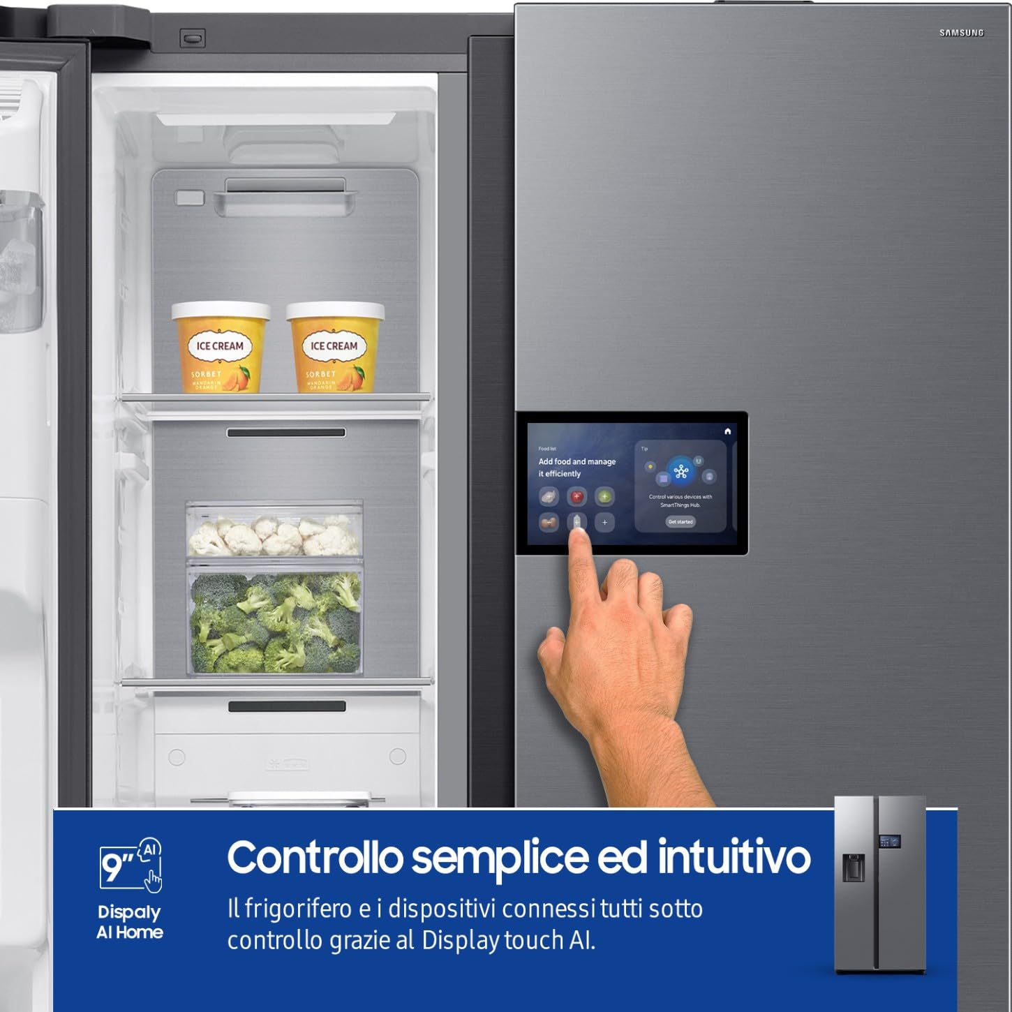 Samsung Frigorifero Side by Side AI Home F-RG90F65EDT3M, Dispenser Acqua/Ghiaccio Senza Allaccio, Wifi con AI Energy Mode, SpaceMax, 3 Mesi Garanzia Extra, 614 L, LxAxP: 91,2 x 178,4 x 72,6 cm, Inox