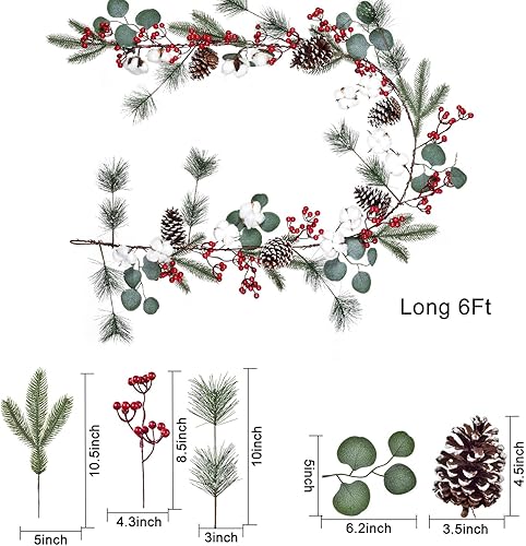 Miniatura 4 de Guirnalda de pino de Navidad de 6 pies con bayas, conos de pino, hojas de eucalipto, bolas de algodón, vegetación de invierno, guirnalda de bayas
