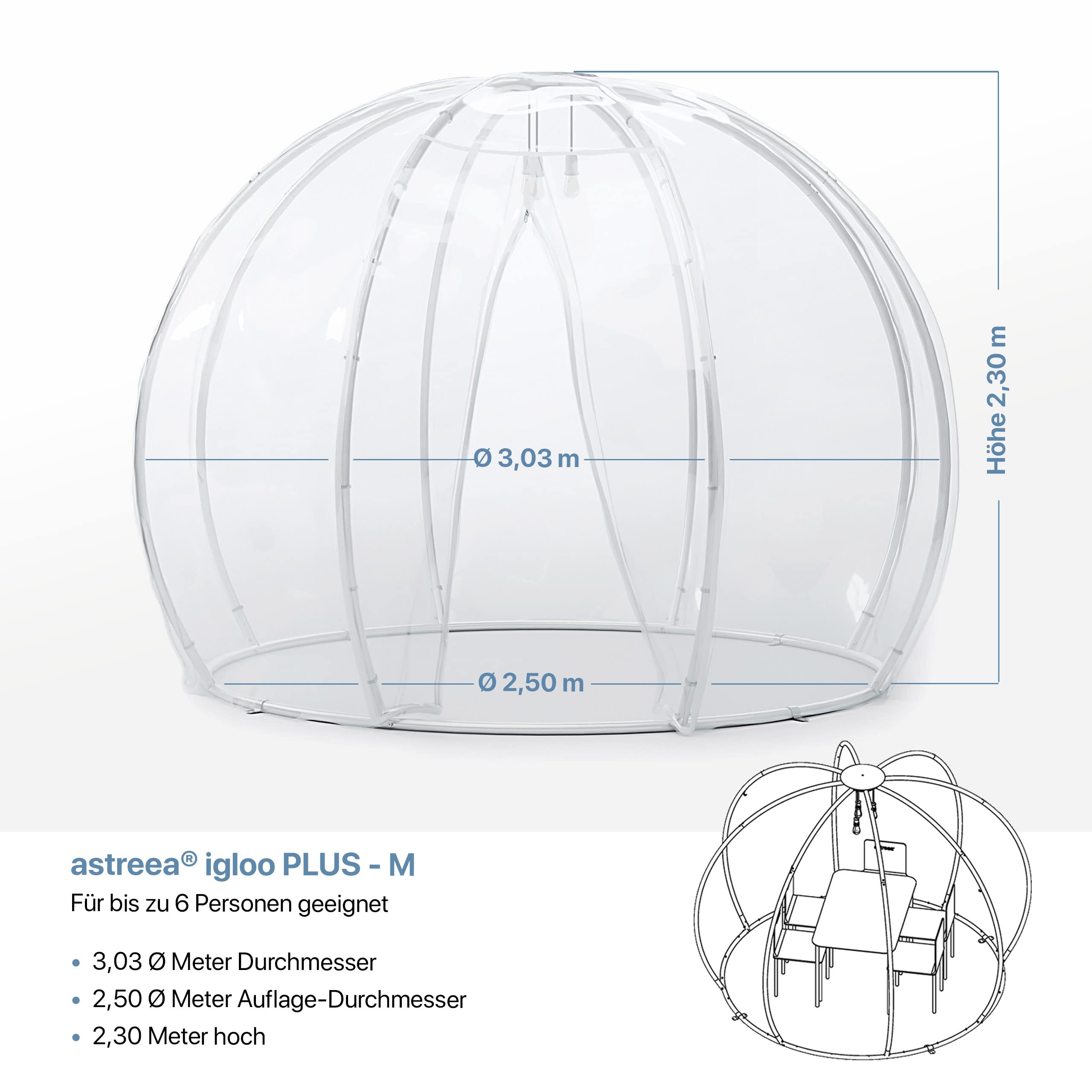 astreea® Igloo Crystal-PVC | M | Aerospace Aluminium, Pavillon mit LED-System, transparent mit Reißverschluss Tür, Gartenzelt, Gartenpavillon, 6 Personen Blasenzelt wetterfest, Bubble Zelt Ø 3.03 m