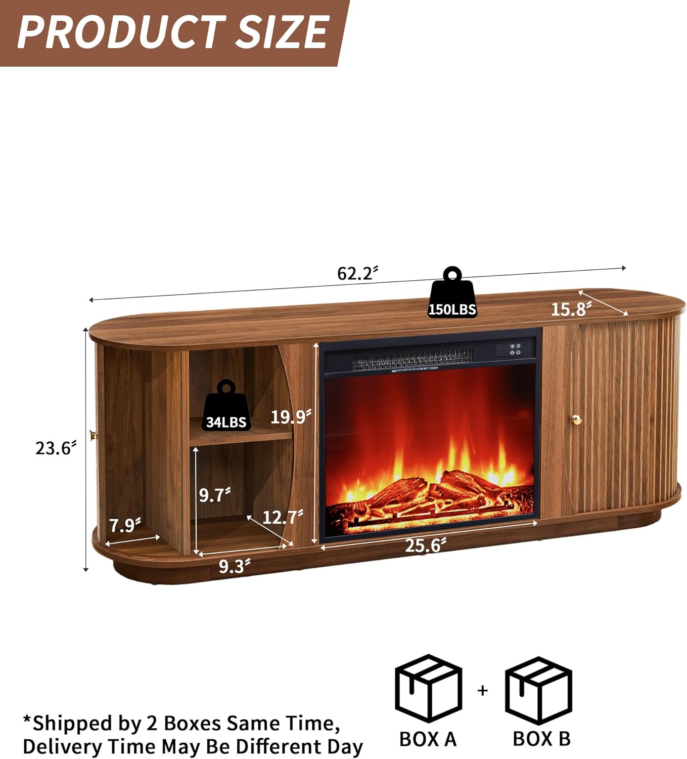 63" Fireplace TV Stand for TVs Up to 70" with 23" Electric Fireplace, Mid-Century Modern Fluted TV Media Console Table with Storage and Shelf, Curved Edge Entertainment Center for Living Room(Brown)