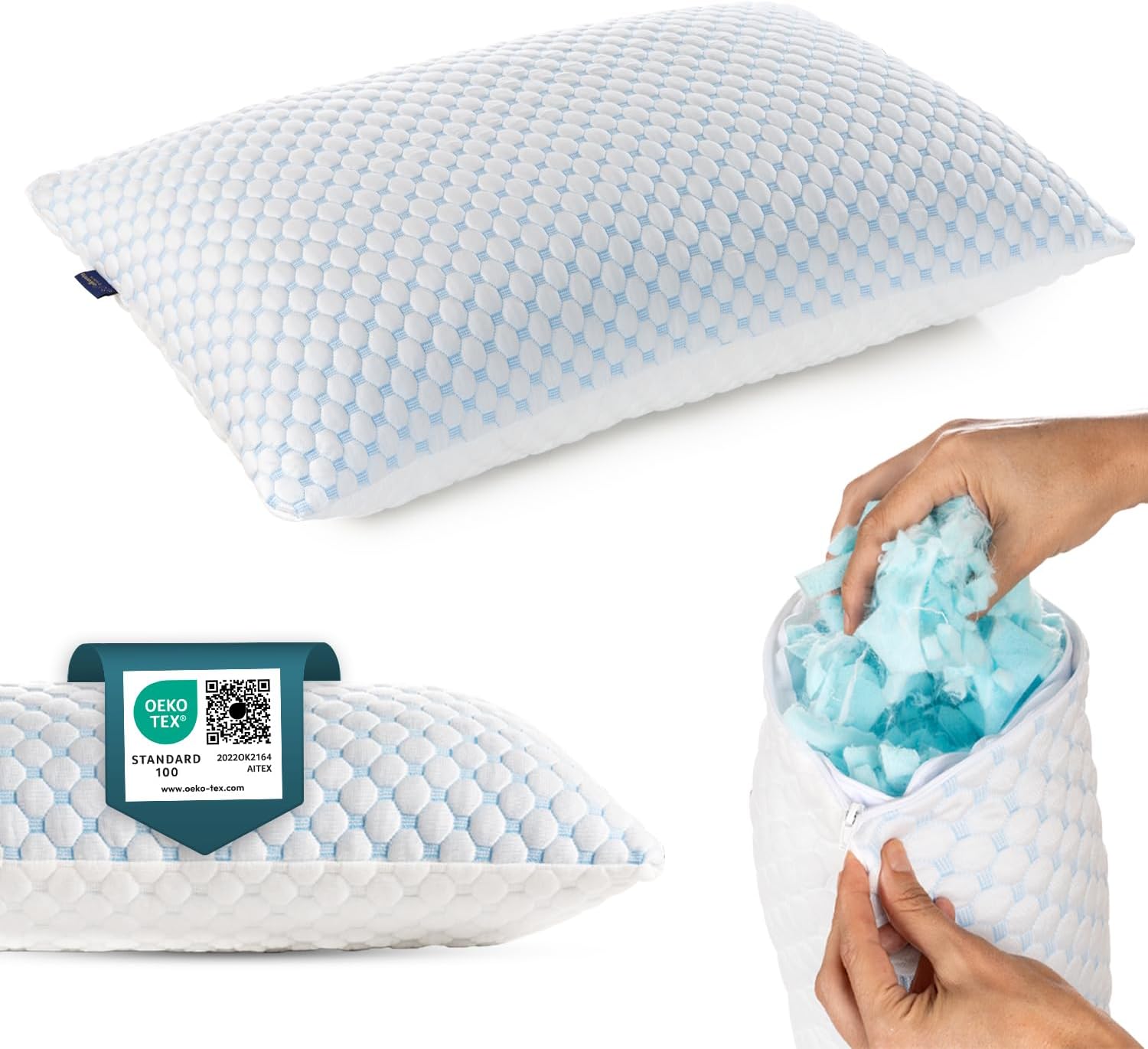 alkamto Cooling Shredded Memory Foam Pillow – Adjustable Gel for Personalized Support – Double-Sided Ice Silk & Soft Rayon – Lightweight, Compressible (White) (Standard)