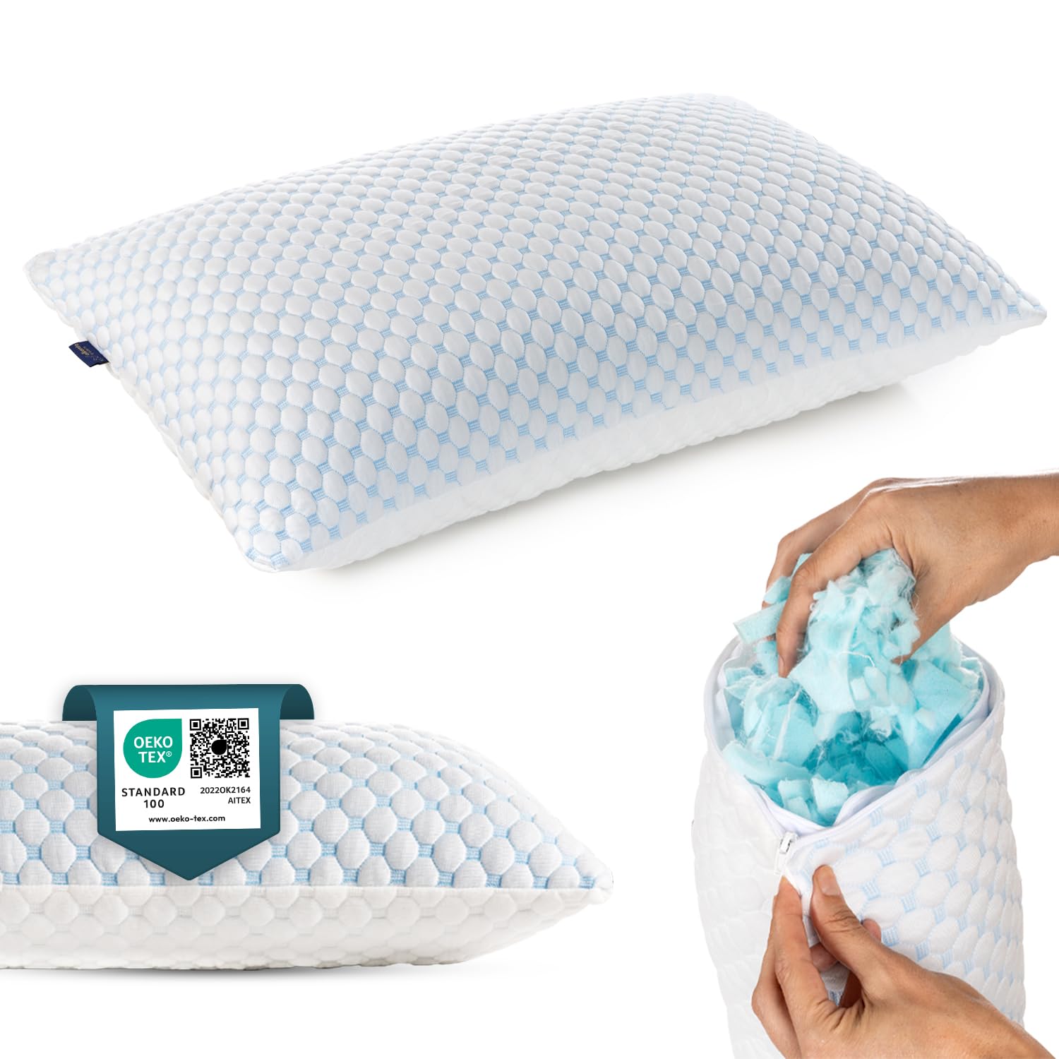 alkamto Cooling Shredded Memory Foam Pillow – Adjustable Gel for Personalized Support – Double-Sided Ice Silk & Soft Rayon – Lightweight, Compressible (White) (Standard)