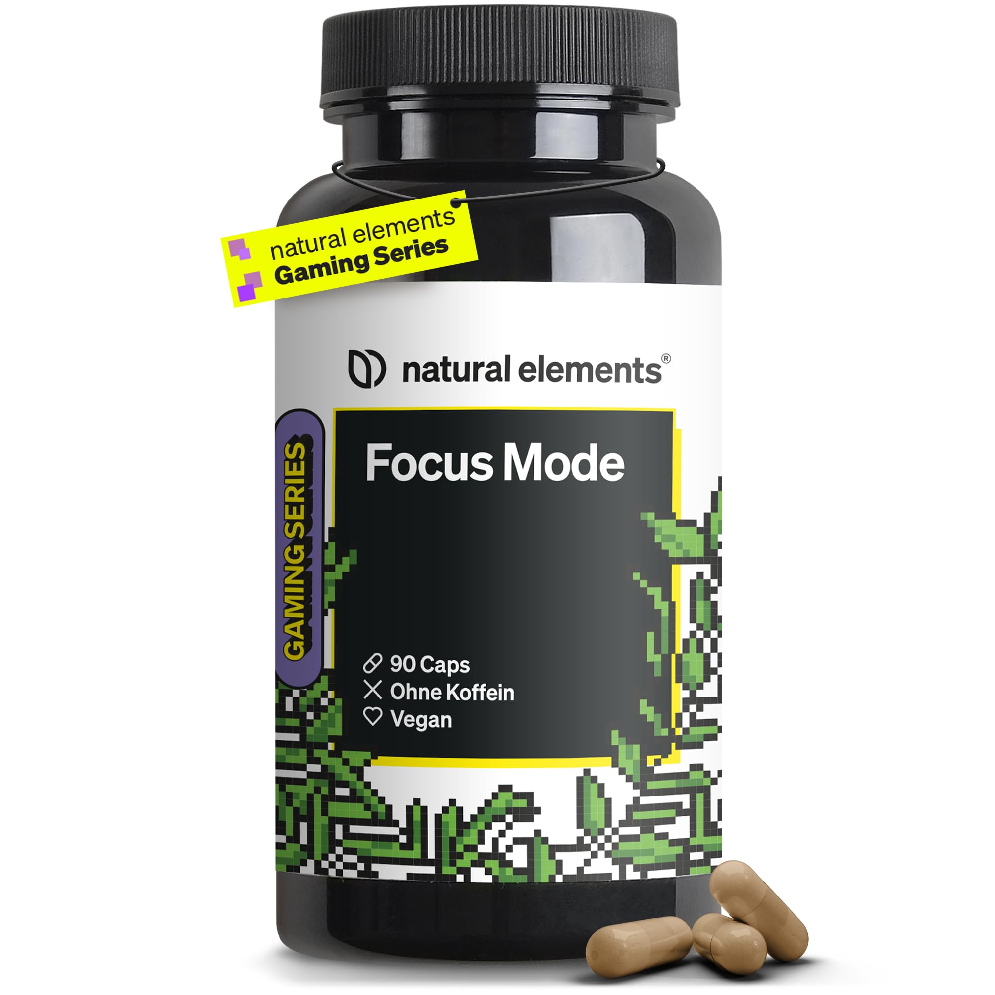 natural elements Focus Mode Konzentrations Kapseln – 90 Stück – koffeinfrei, mit Brahmi, Ginseng & Gingko – vegan, ohne unnötige Zusätze – in Deutschland produziert & laborgeprüft