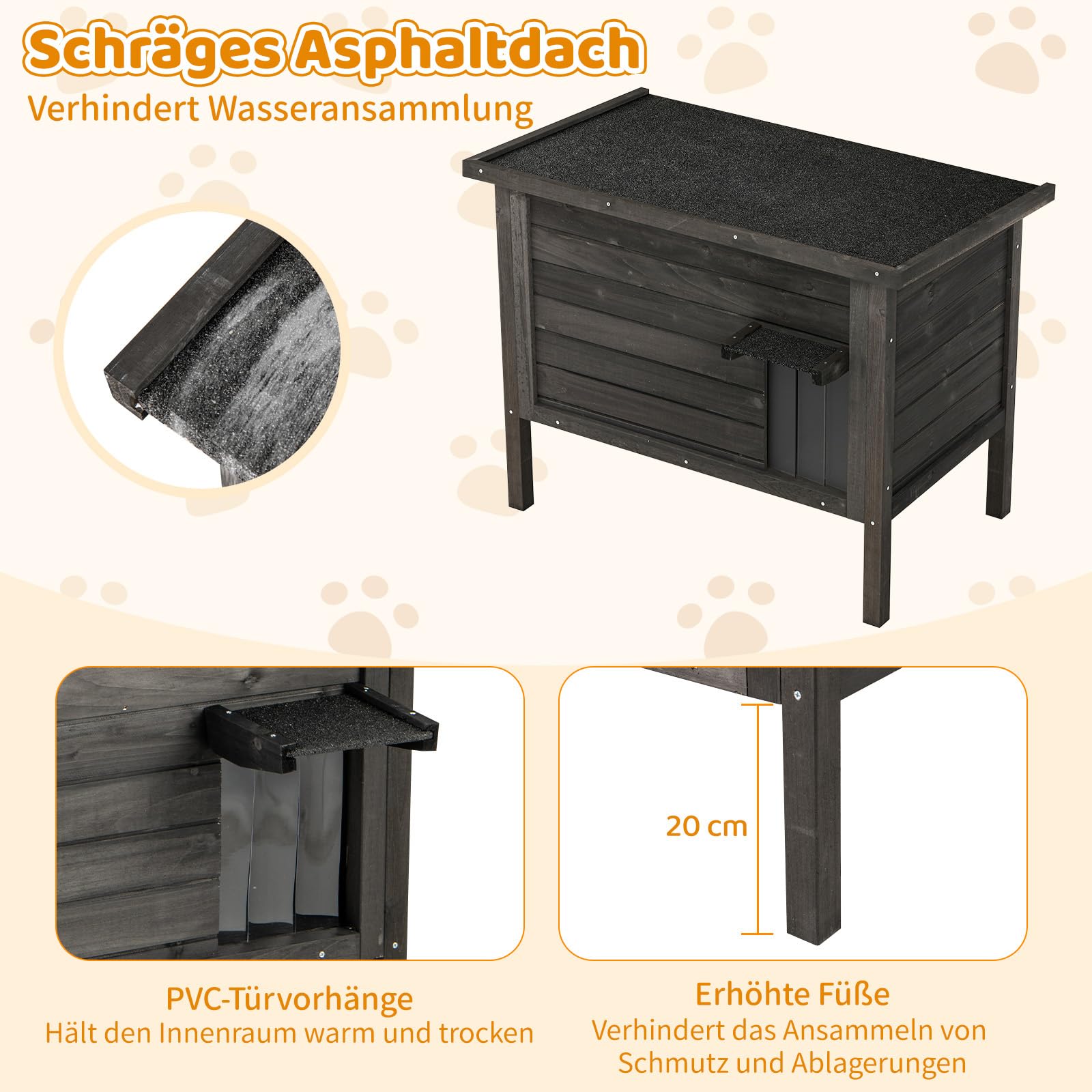 COSTWAY Katzenhaus Outdoor Winterfest, Katzenhütte für Winter, Holz, Katzenhöhle mit Schaumisolierung & Dach & PVC-Tür & Trennwand, für Außenbereich Innenbereich, 88 x 55 x 69 cm (Schwarz)
