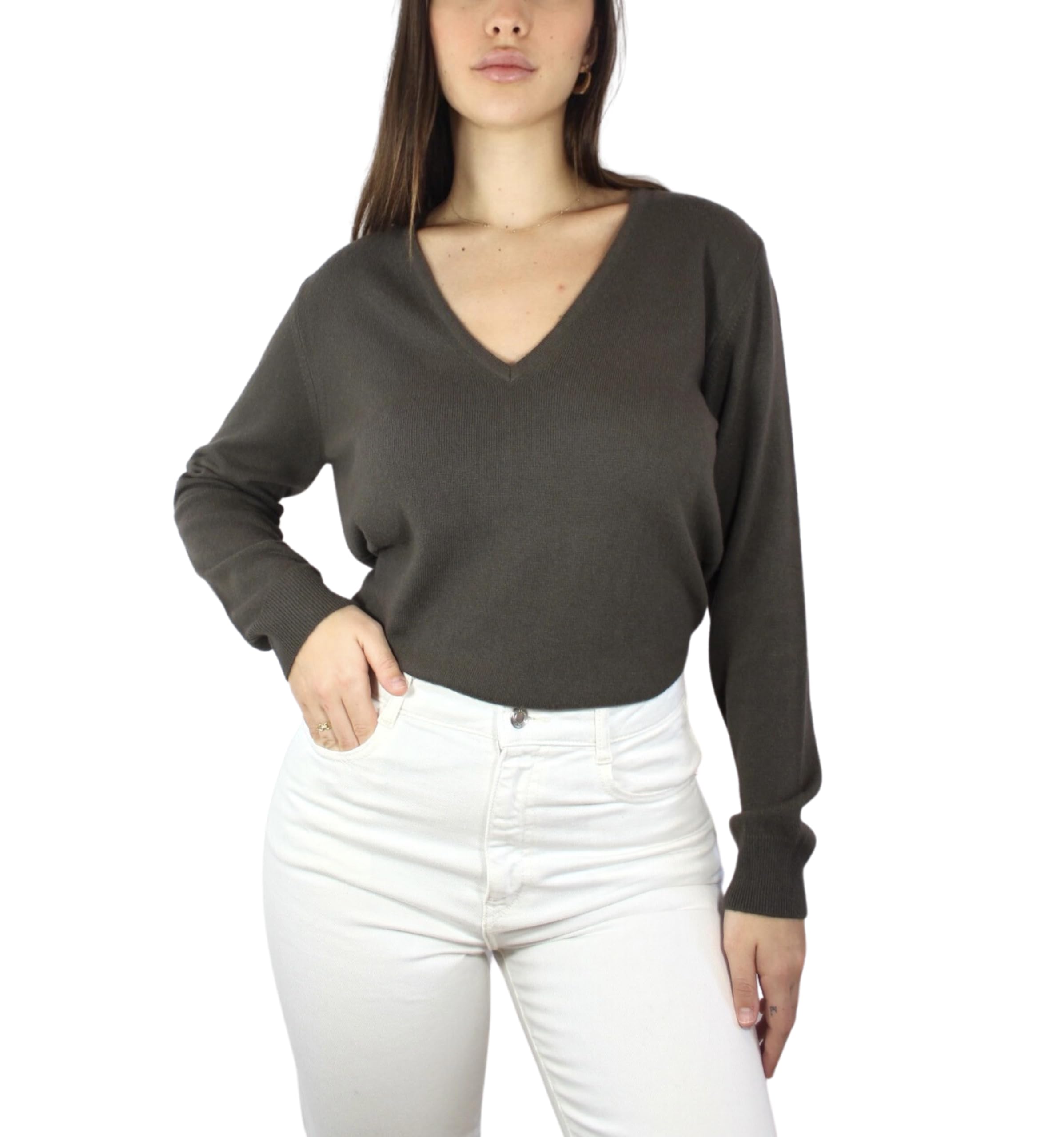 Win's Women's Cashmere V-Neck Sweater, Made in Italy, khaki, M