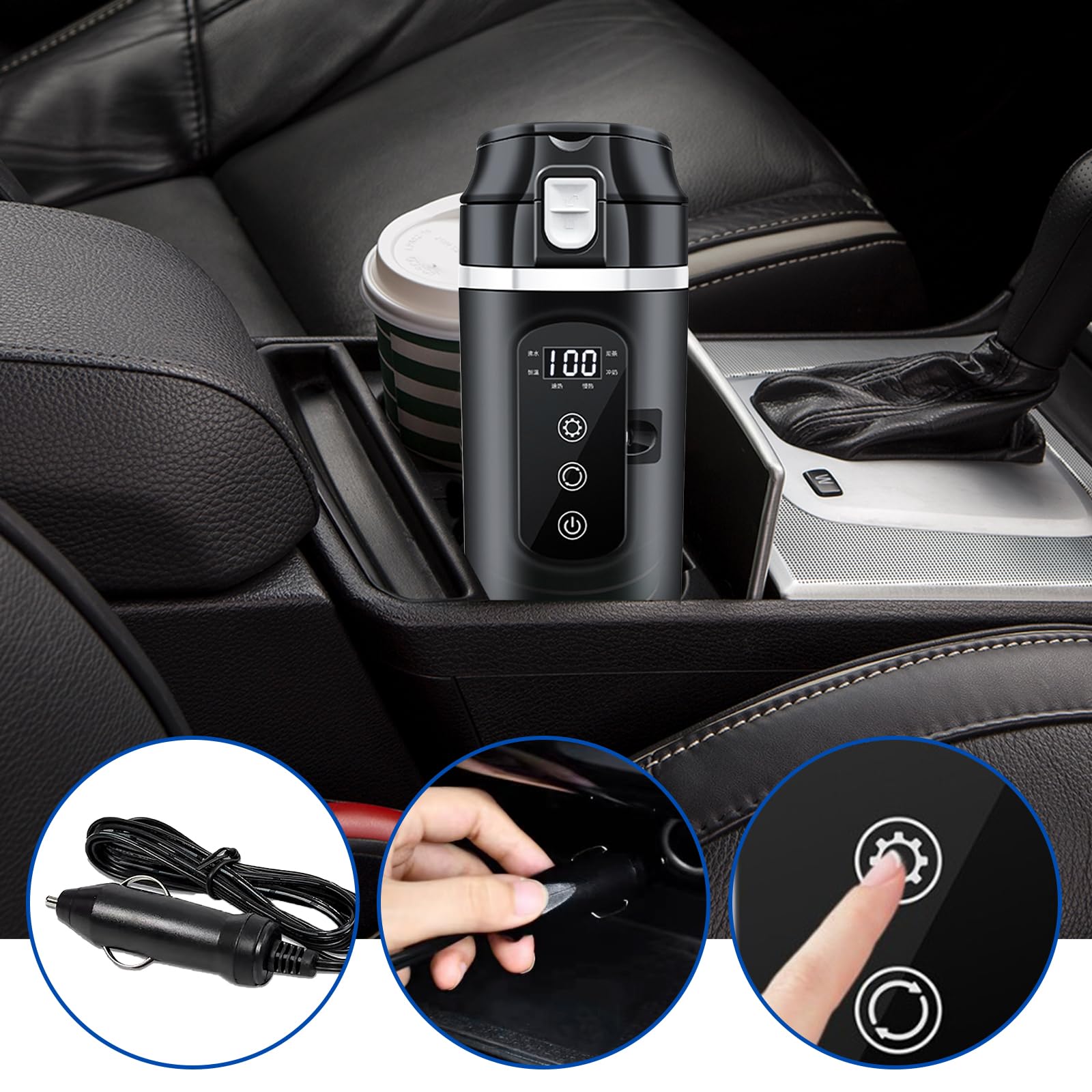 PORFOYO Bollitore elettrico per auto, tazza da viaggio 24V/12V, bollitore elettrico da 500 ml, nero, in acciaio inox, con display per auto e viaggi