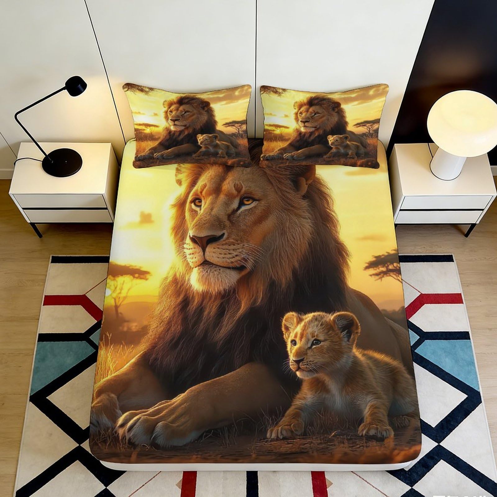 3D Printed Lion Sunset Fitted Sheet Microfiber Soft Durable Lion Cub Bed Cover for Bedroom Dormitory Guest Room Mattress Protection and Decor 180x200x25cm