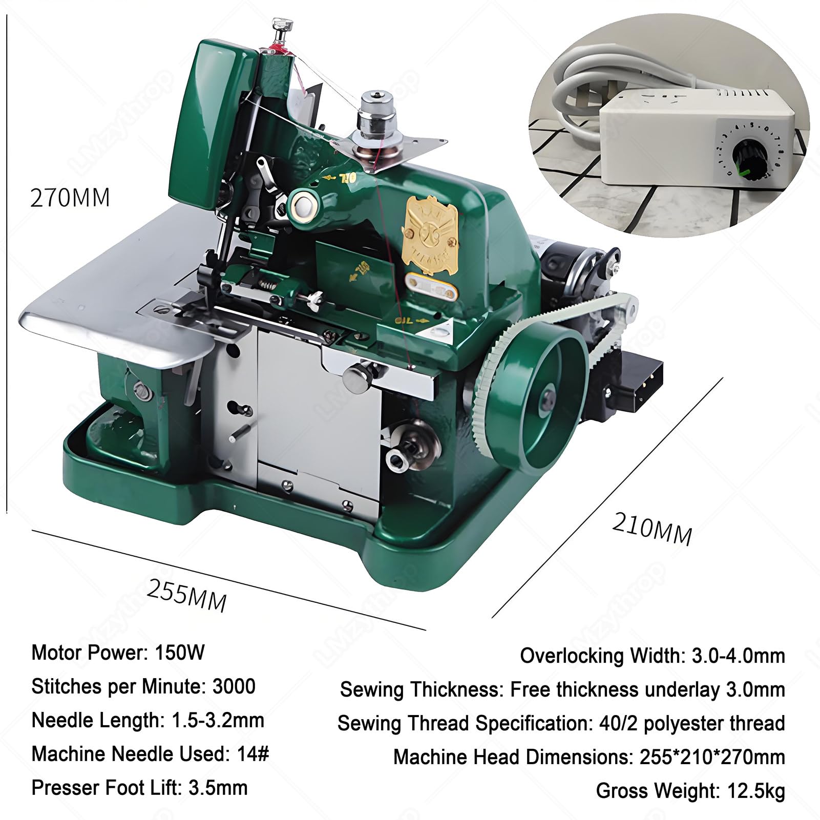 Elektryczny Owerlok 250W,Domowa Maszyna Overlockowa 3-Nitkowa Green | 3000 ściegów Na Minutę, Szerokość Obrzucia 3~4 mm, Długość ściegu 1,5~3,2 mm, Szyje Materiały O Grubości do 3 mm