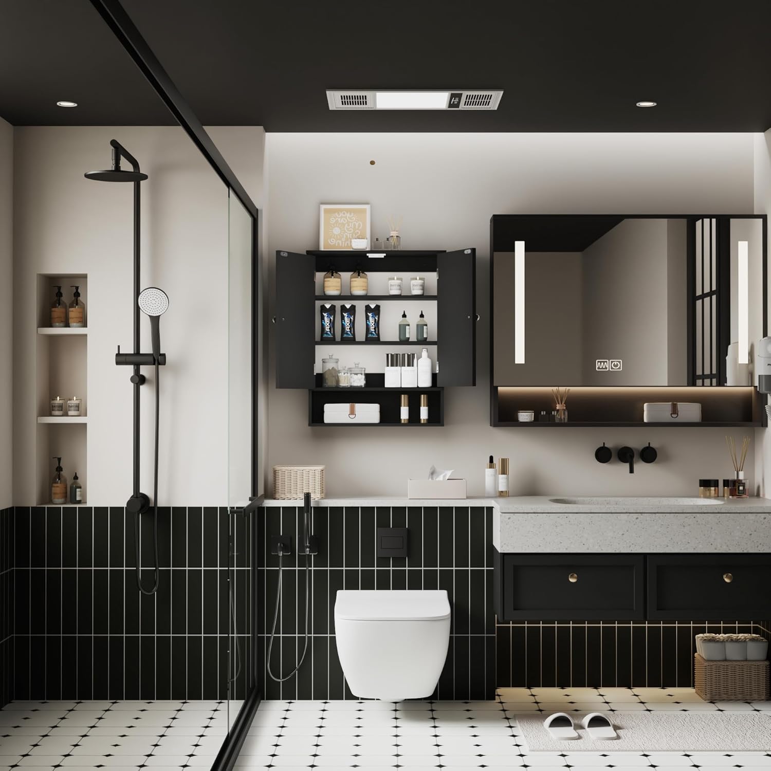 Bathroom Cabinet - Over The Toilet Storage Cabinet Black Medicine Cabinet, Bathroom Wall Cabinet with 2 Doors and Adjustable Shelves, Small Wall Mounted Cabinet for Bathroom, Kitchen, Laundry,black