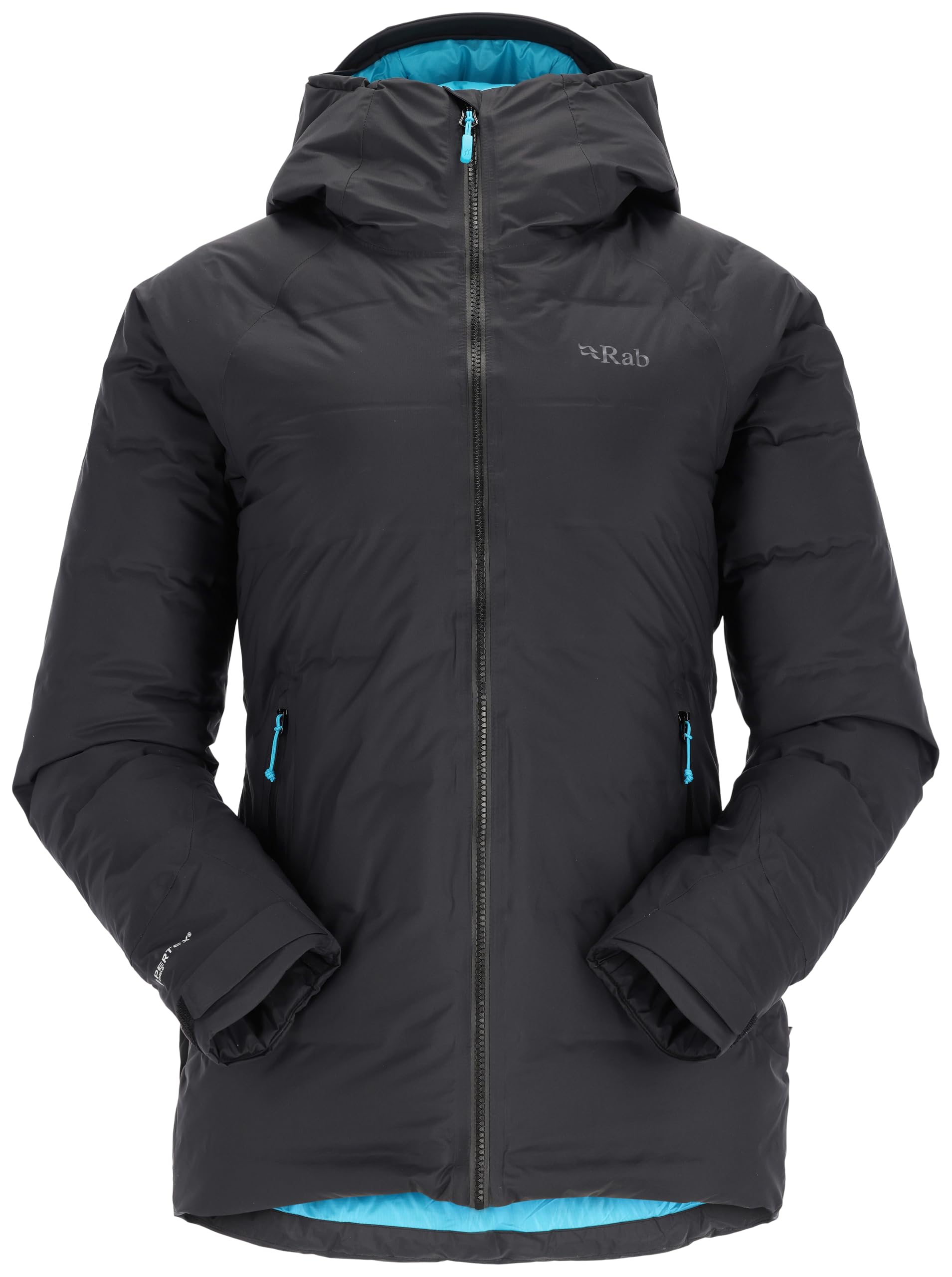 Rab Women's Valiance Down Jacket Waterproof Windproof Insulator for Climbing, Mountaineering, & Casual - Black (Aquamarine) - 14