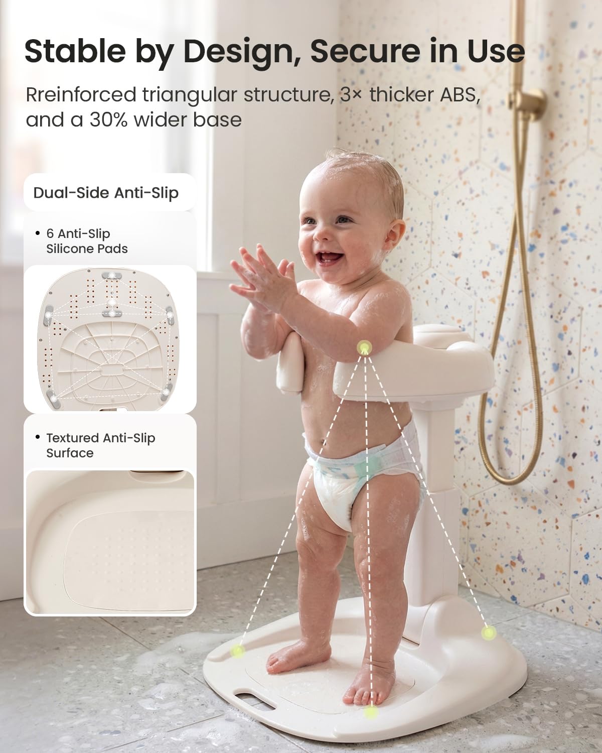 GROWNSY Support de bain et support de douche pliable pour bébé de 6 mois et plus | 8 réglages de hauteur et accoudoirs arrondis réglables, coussinets antidérapants, support de douche intégré, matériau ABS