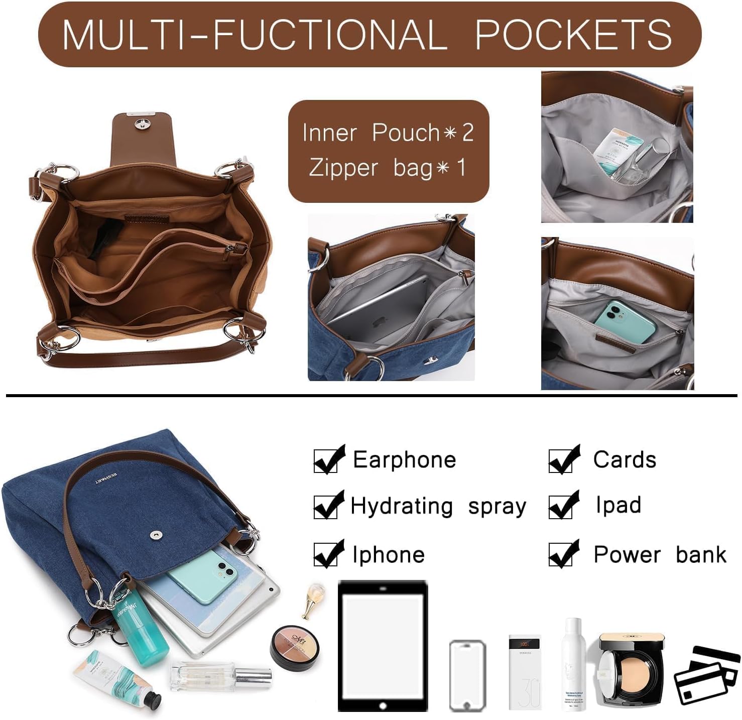 BESMART Denim Canvas Tote Bag Shoulder Bags for Women, Women's Handbag with Circle Chain, Female Satchel for Daily/Commuter - Image 7