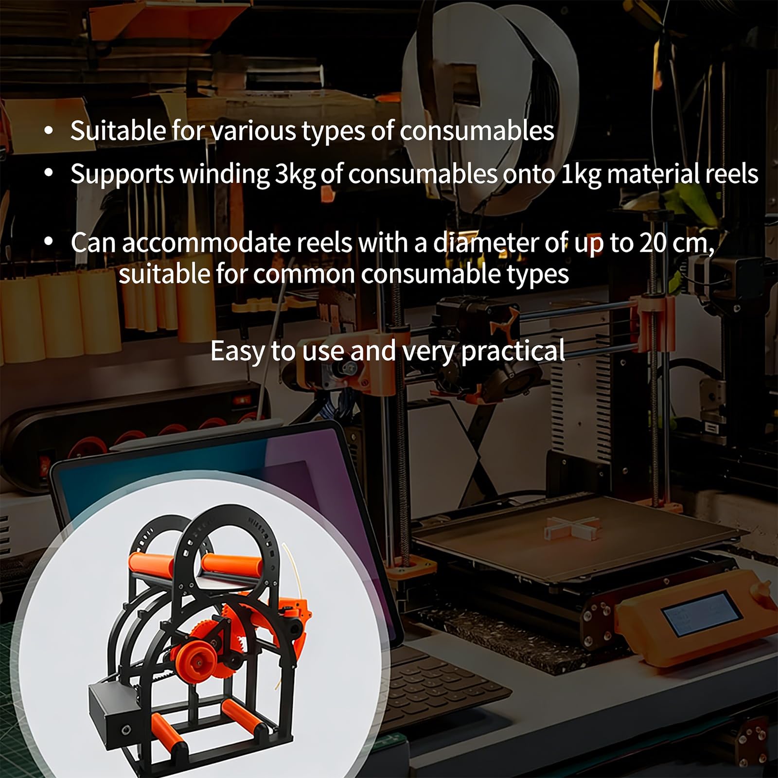 Elektrischer 3D-Drucker-Spulenaufwickler, verstellbarer Filament-Respooler für 3D-Druck-, Schweiß- und Textilkunstprojekte