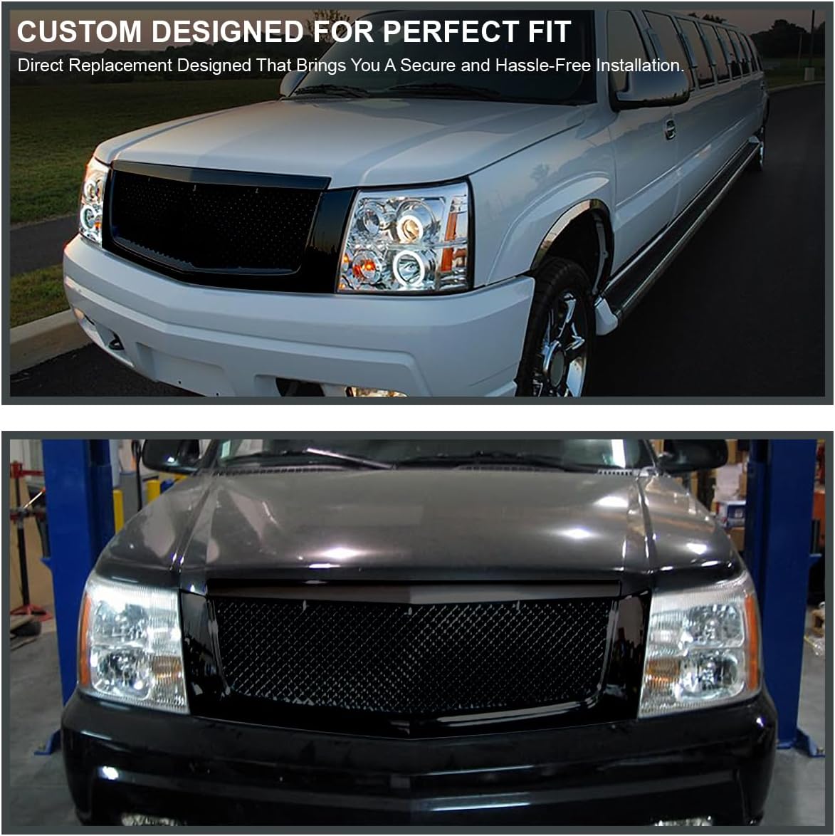 Spec-D Tuning Glossy Black Mesh Front Bumper Hood Grille Compatible with 2002-2006 Cadillac Escalade EST ESV