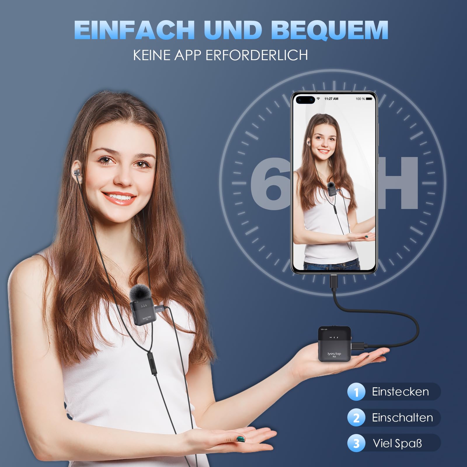 Lavalier Mikrofon Kabellos für iPhone/USB C Handy - Mini Wireless Bluetooth Ansteckmikrofon mit Echtzeit-/Publikumsüberwachung, Audio Ducking, Begleitung, Hall, Stummschaltung für Live, YouTube