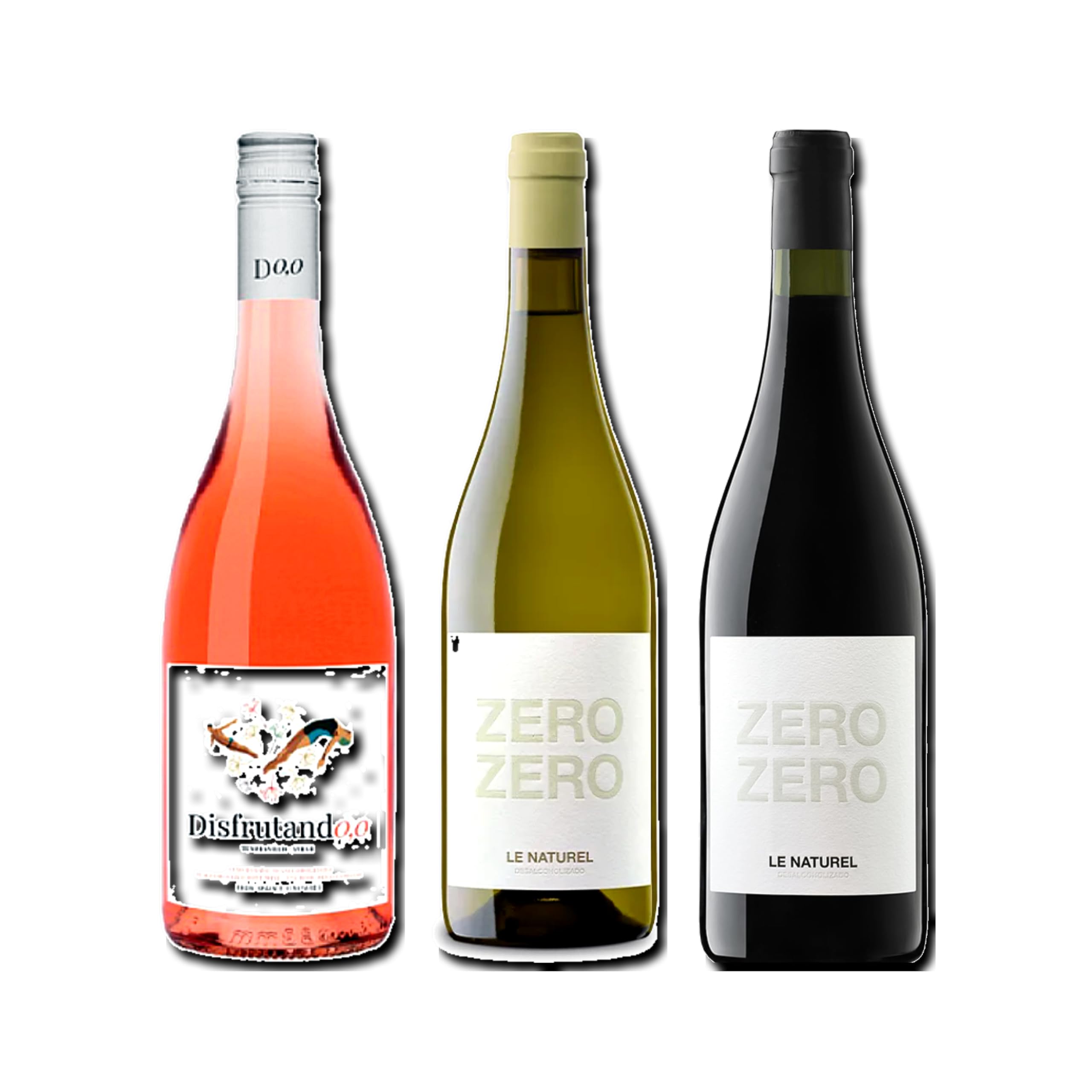 vino sin alcohol 0,0 Disfrutando 0,0 Rosado, Zero Zero Le Naturel Blanco y Le Naturel Zero Zero Tinto pack de 3 botellas 75cl