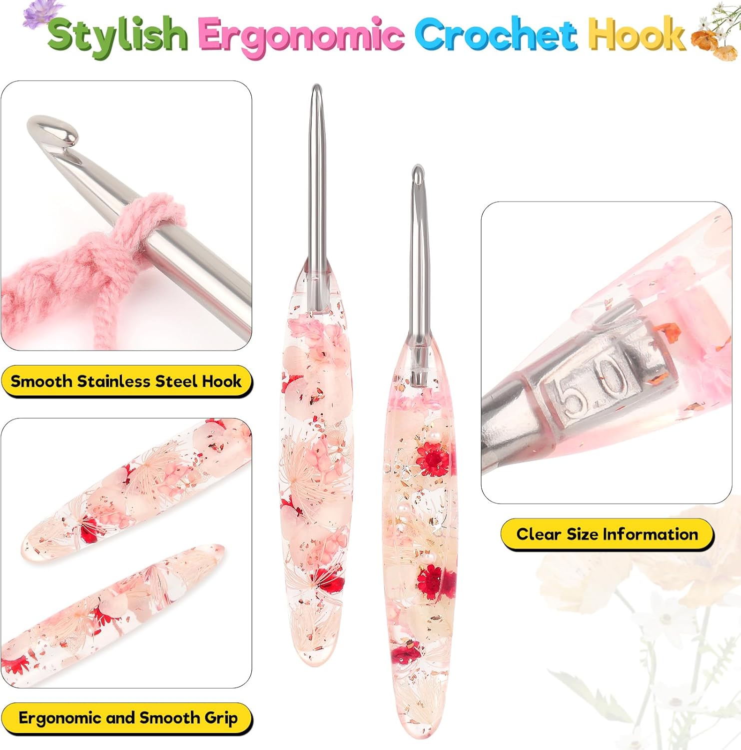 Katech 5.0mm Crochet Hook for Arthritic Hands, Hand-Polished Stainless Steel Ergonomic Crochet Hooks with Customized Sparkle Dried Floral Grip, Soft Tapered Hook-Crochet Gift for Beginner & Crocheter