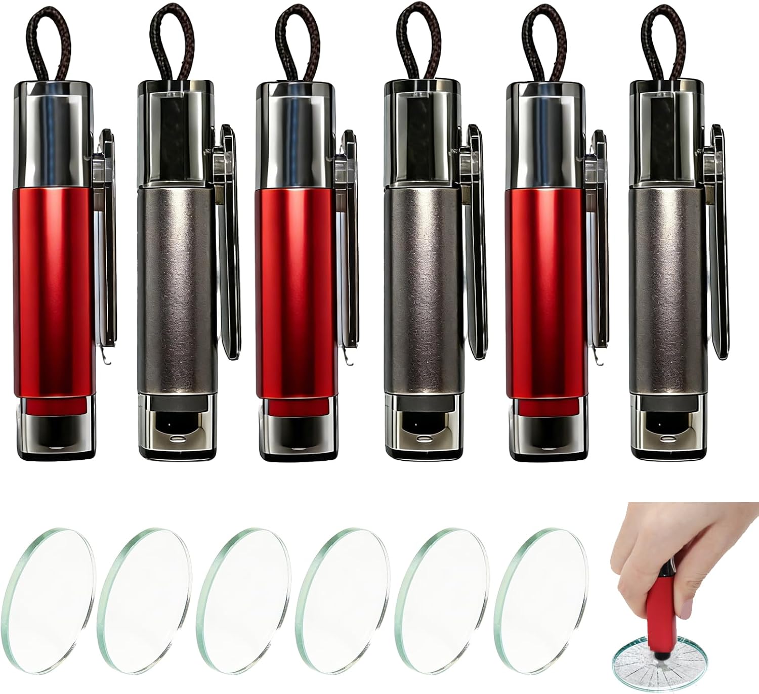 6 PCS Window Breaker Seatbelt Cutter Car Safety Hammer, 2-in-1 Glass Breaker and Seat Belt Cutter with Test Glass, Underwater Emergency Escape Tool for All Vehicles (Red & Grey)