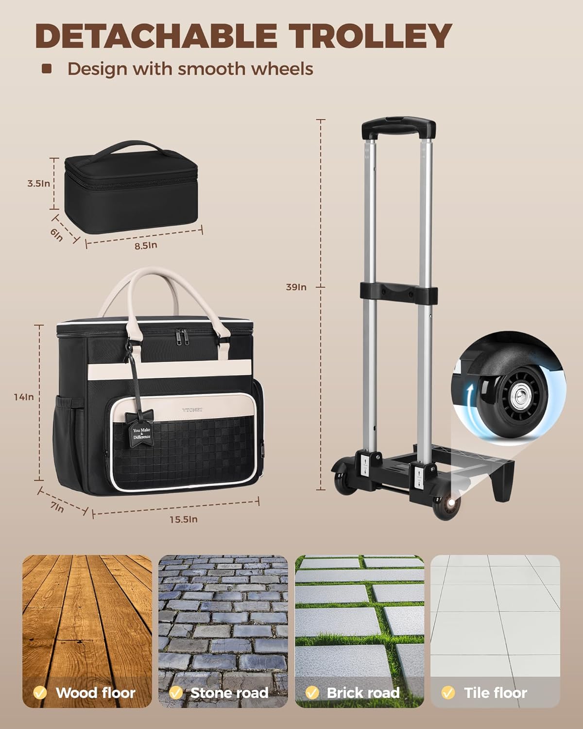 Ytonet Rolling Laptop Bag with Insulated Lunch Box, 15.6 In Rolling Briefcase for Women with Large Cup Holder, Detachable Trolley Roller Underseat Bags for Work, Office, Teacher, Travel, Black Beige - Image 6