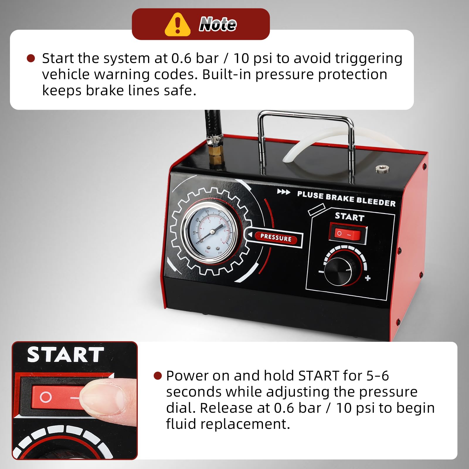 JAOGAUS Dispositivo Spurgo Freni DC 12V, Sistema Automatico Pulsato | per Cambio Liquido Freni, Pressione Regolabile 0,5–2,5 Bar, con Adattatore Cilindro Maestro e Bottiglia Raccolta Olio, Nero