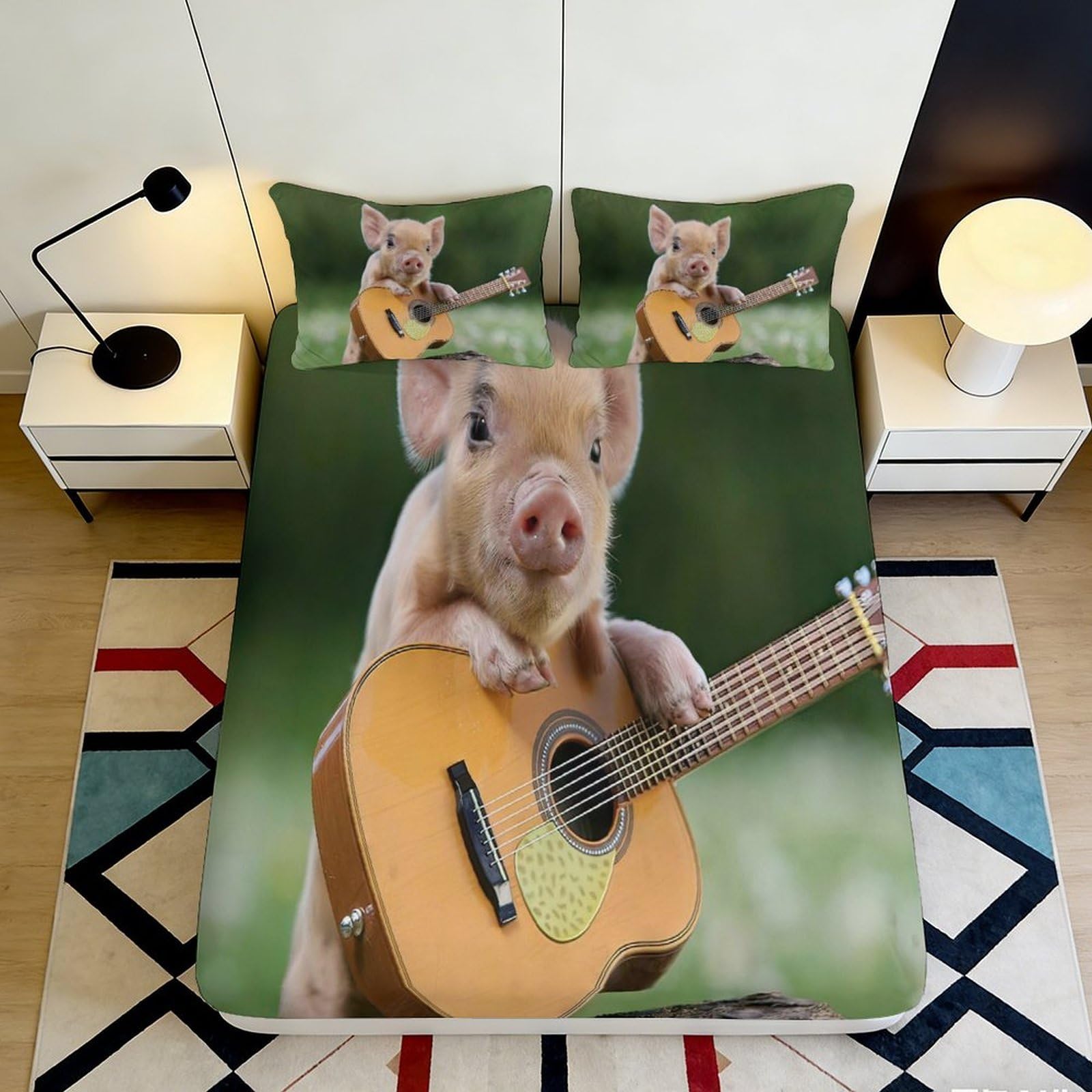 3D Printed Cute Guitar Animal Fitted Sheet Microfiber Deep Pocket Bedroom Bedding Non-Slip Elastic Hem Guitar Animal Mattress Fitted Cover for Adults Teens Washable 140x200x25cm