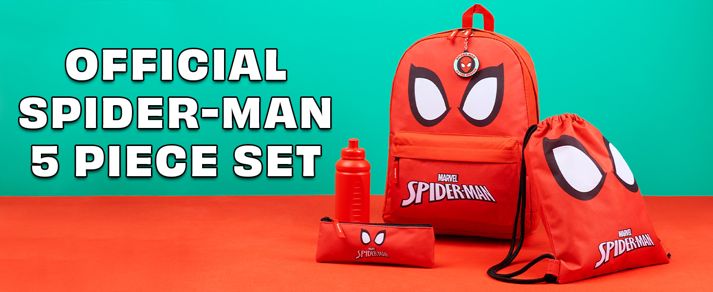 Set da 3 pezzi con zaino Spiderman + borsa per il pranzo + astuccio per ragazzi Marvel, Rosso, MULTI, Zaino