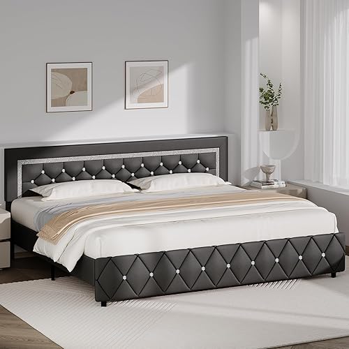 Miniatura 67 de BarnFurin - Base de cama matrimonial con cabecera capitoné, plataforma tapizada con diseño de diamante, base de colchón, soporte de listones de