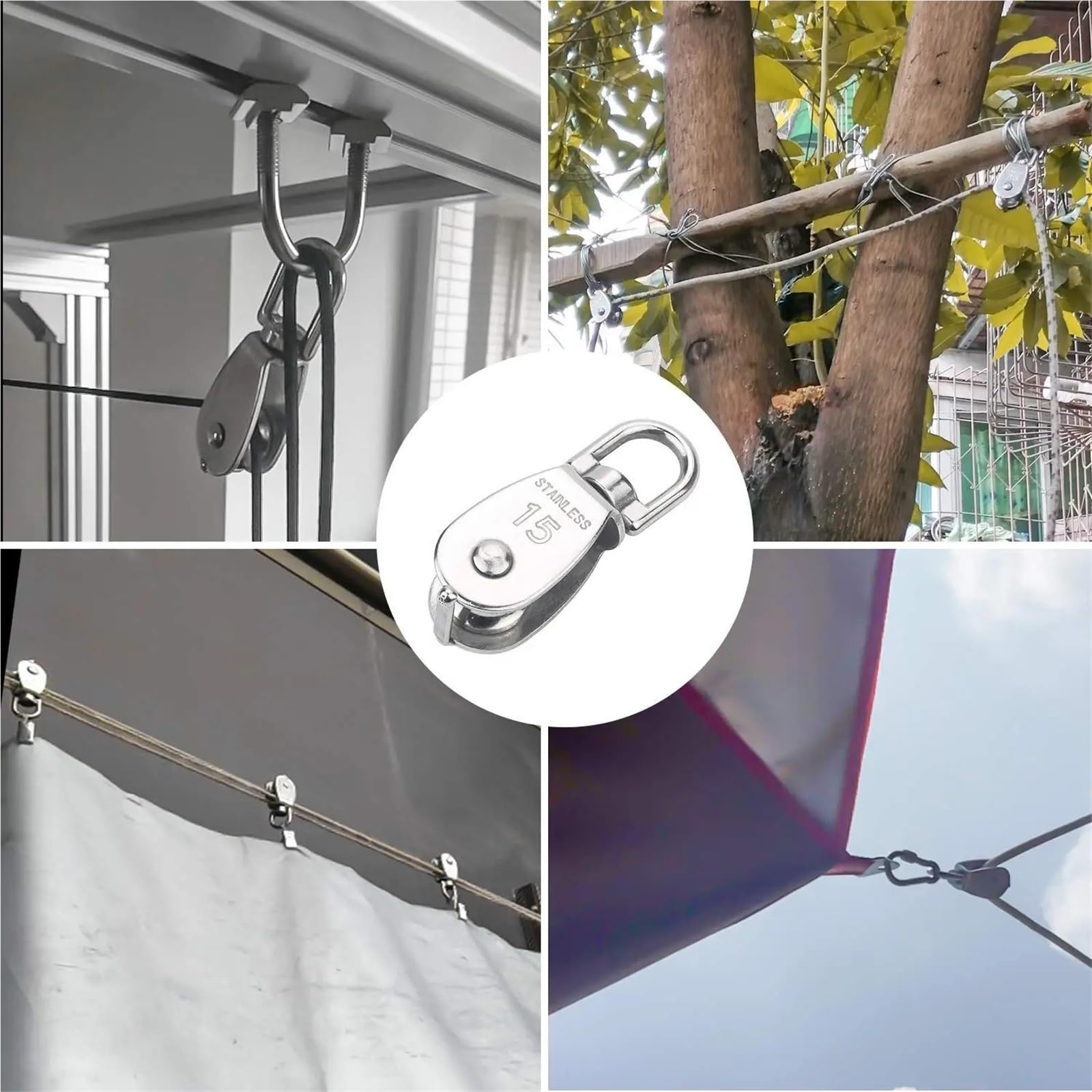 Pulegge In Acciaio Inossidabile M15 In Acciaio Inox Singola Puleggia Girevole Fune Gru di Sollevamento Blocco Gancio Singolo Appeso Filo Traino Ruota(10PCS)