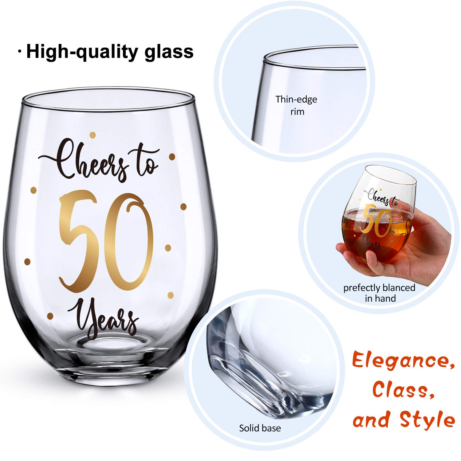 Amazon.com | Patelai 50th Birthday Wine Glass to 50 Years 50th Birthday  Gifts for Women and Men Fabulous Gold Stemless Wine Glass Present Party  Wedding Anniversary Party Decorations, 17 oz Stemless: Wine Glasses