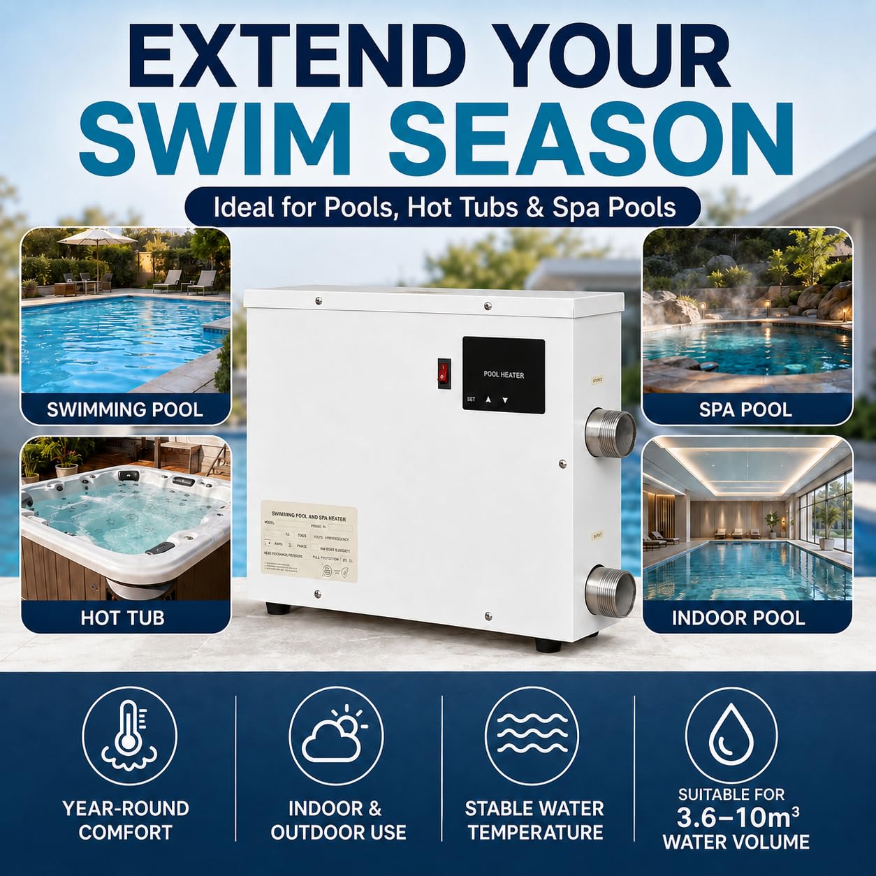 Bomba de Calor Piscina Alternativa Eléctrica PHS, Calentador Piscina 5,5–15 kW, Termostato Táctil 20–50 °C, Tubo Acero Inox 316, Conexiones 1,5 Pulgadas, para Spa y Piscina Fuera de Tierra 6kw