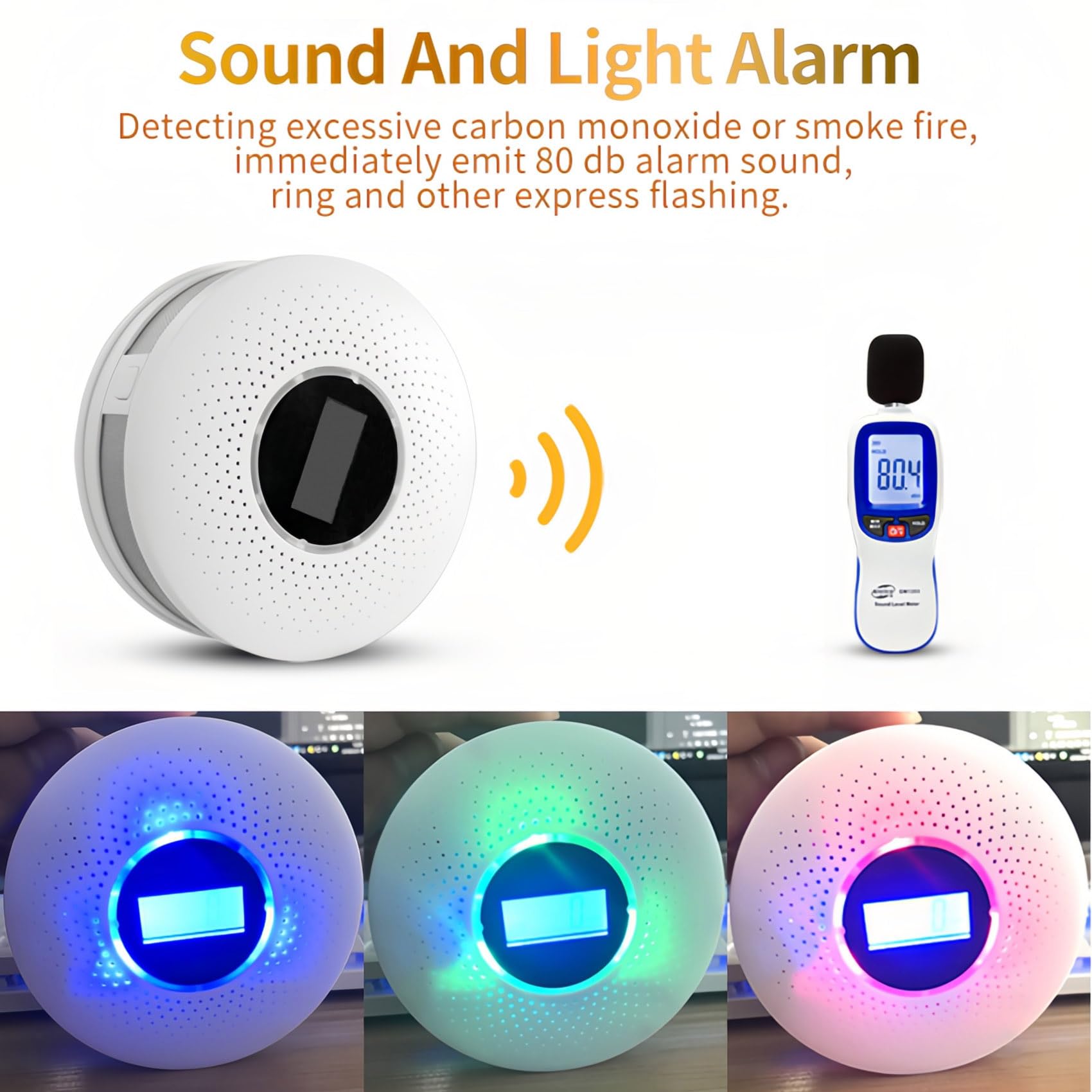 2 Pack CO and Rauch Feueralarm Combo mit LCD-Anzeige Batteriebetrieben für Zuhause 2 in 1 Kohlenmonoxid- und Rauchdetektor mit Licht-Ton-Warnung Tragbar für Unterwegs