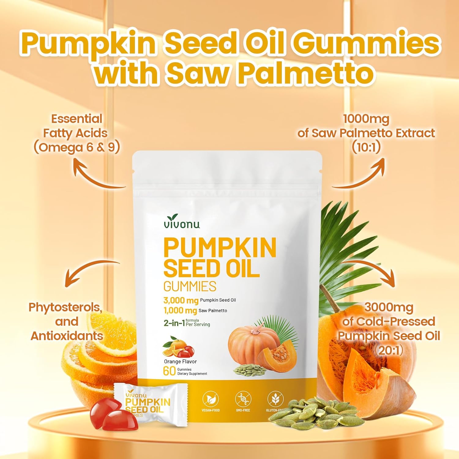 VivoNu Organic Pumpkin Seed Oil Gummies,Cold Pressed Pumpkin Seed Oil with Saw Palmetto Gummies,for Prostate Health,BPH Support,Hair & Bladder Control - Non-GMO,Sugar-Free